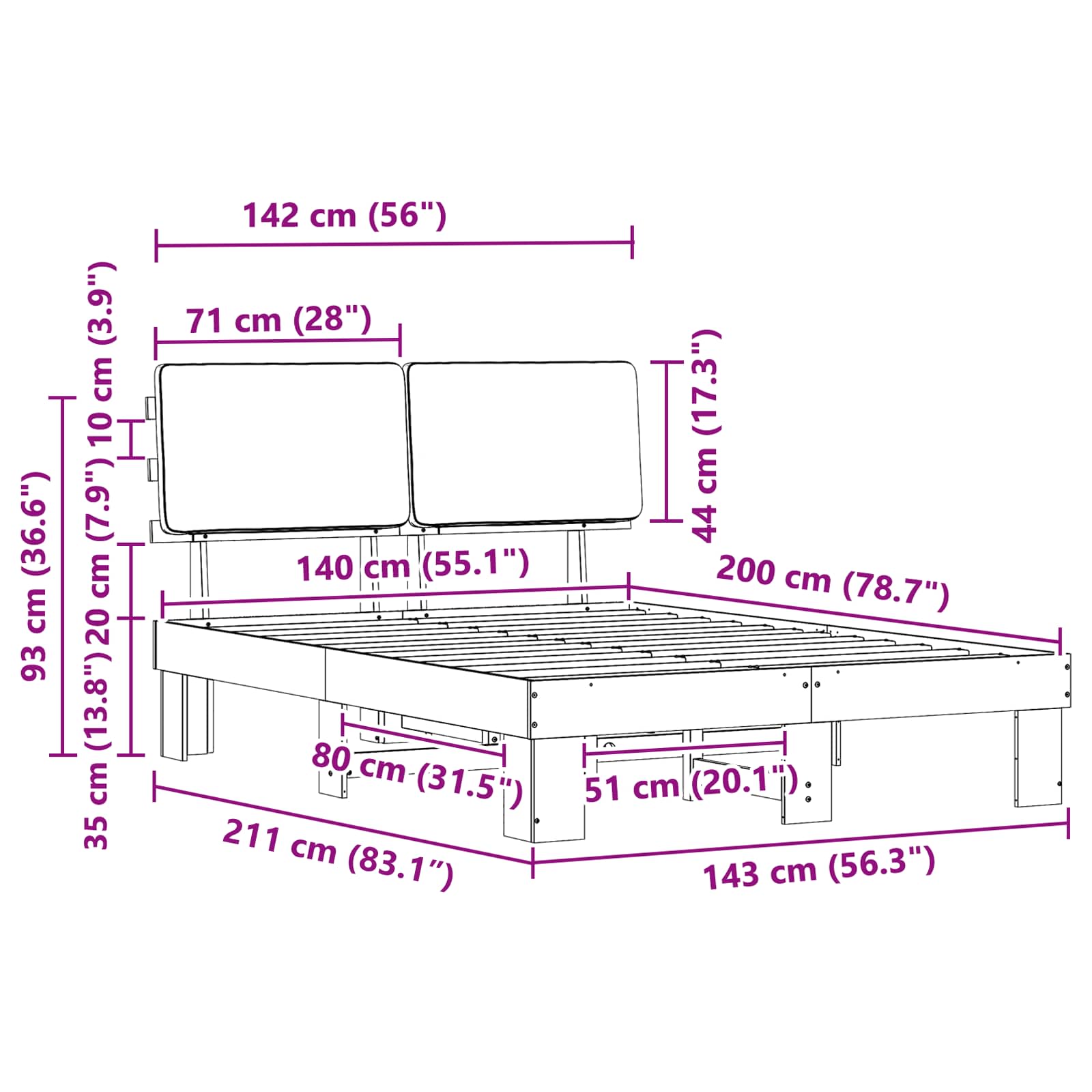 Sängram med Klädd Huvudgavel Ljusgrå 140 x 200 cm Massiv furu