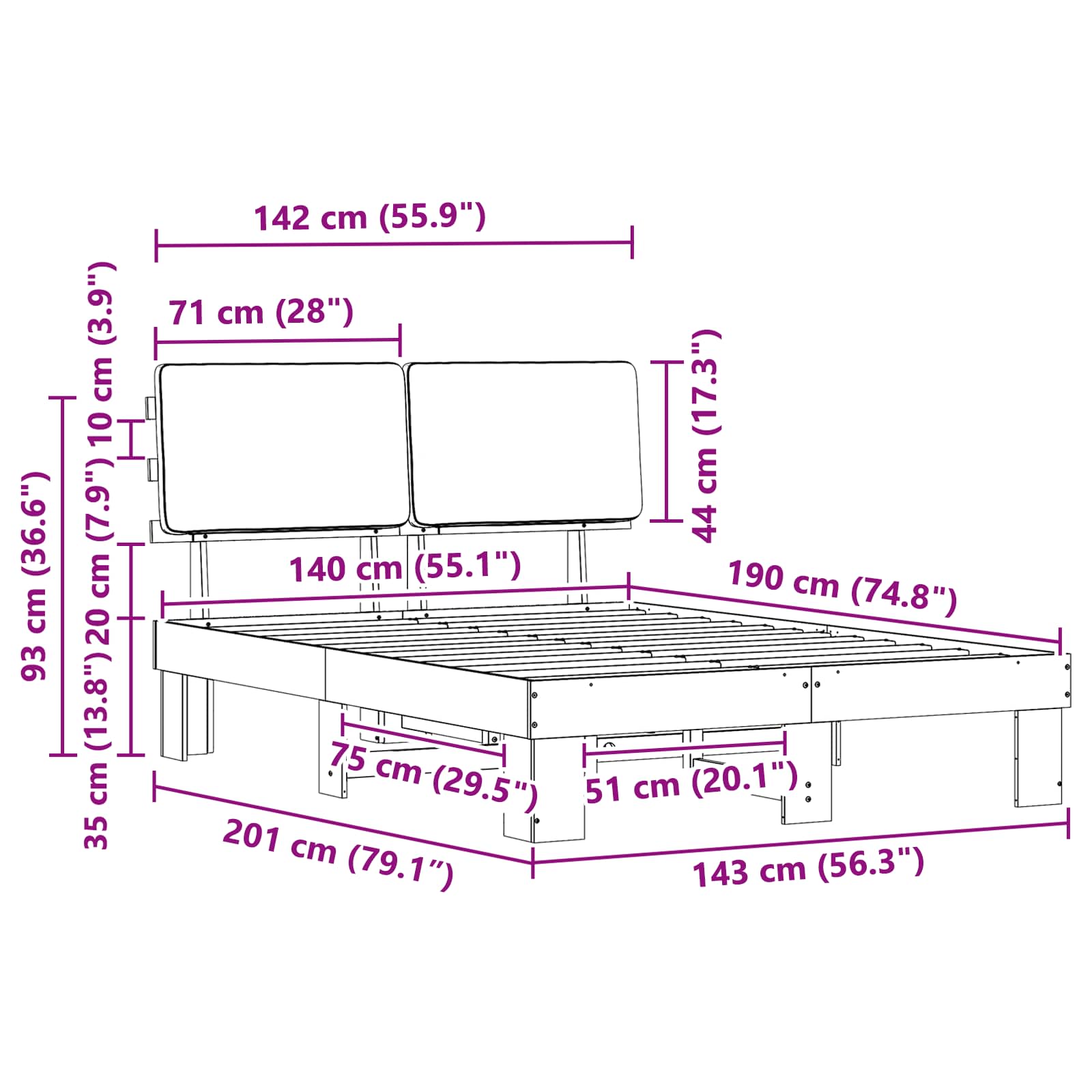 Sängram med Klädd Huvudgavel Taupe 140 x 190 cm Massiv furu