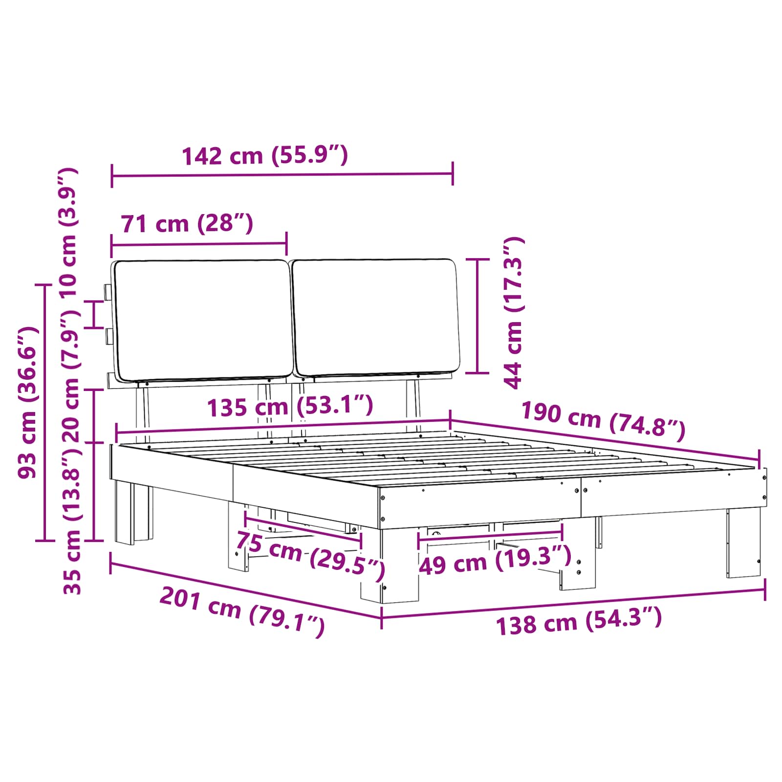 Sängram med Klädd Huvudgavel Mörkgrå 135 x 190 cm Massiv furu