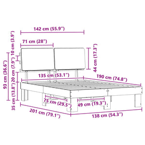 Sängram med Klädd Huvudgavel Taupe 135 x 190 cm Massiv furu