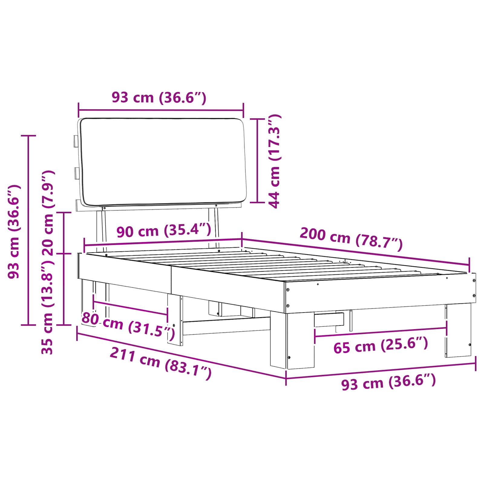 Sängram med Klädd Huvudgavel Svart 90 x 200 cm Massiv furu