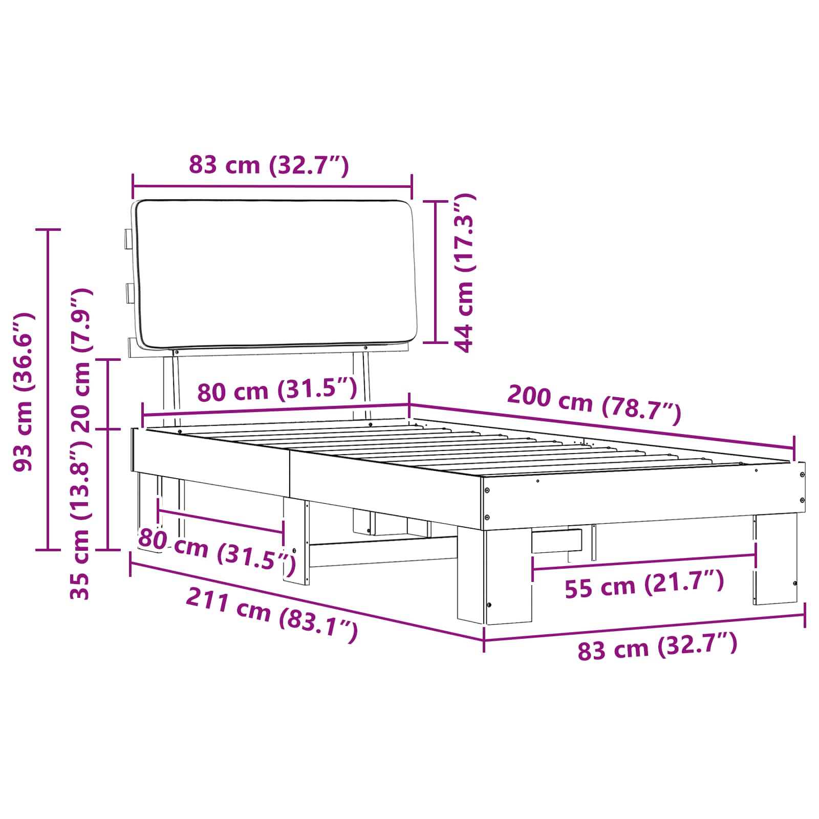Sängram med Klädd Huvudgavel Ljusgrå 80 x 200 cm Massiv furu