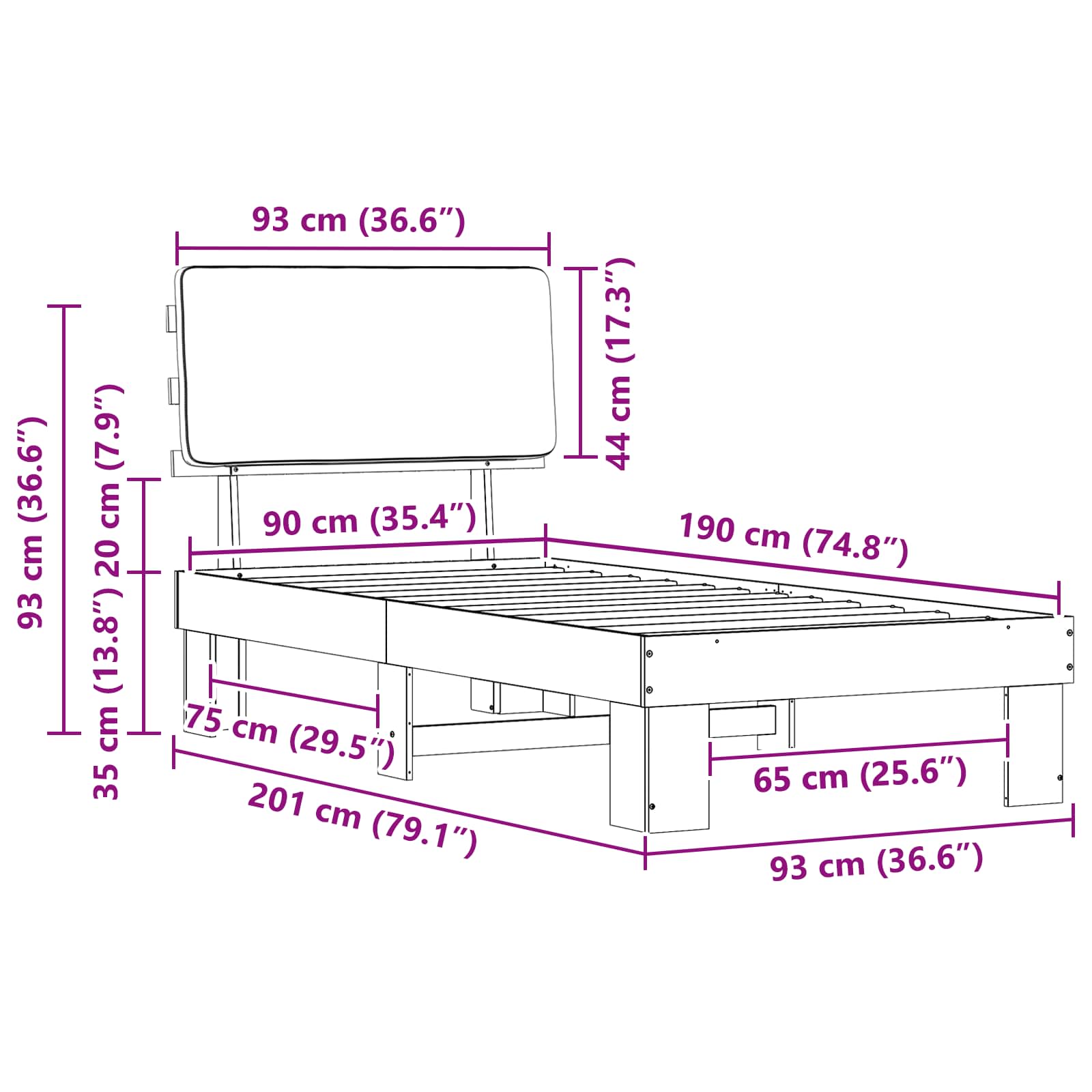 Sängram med Klädd Huvudgavel Ljusgrå 90 x 190 cm Massiv furu