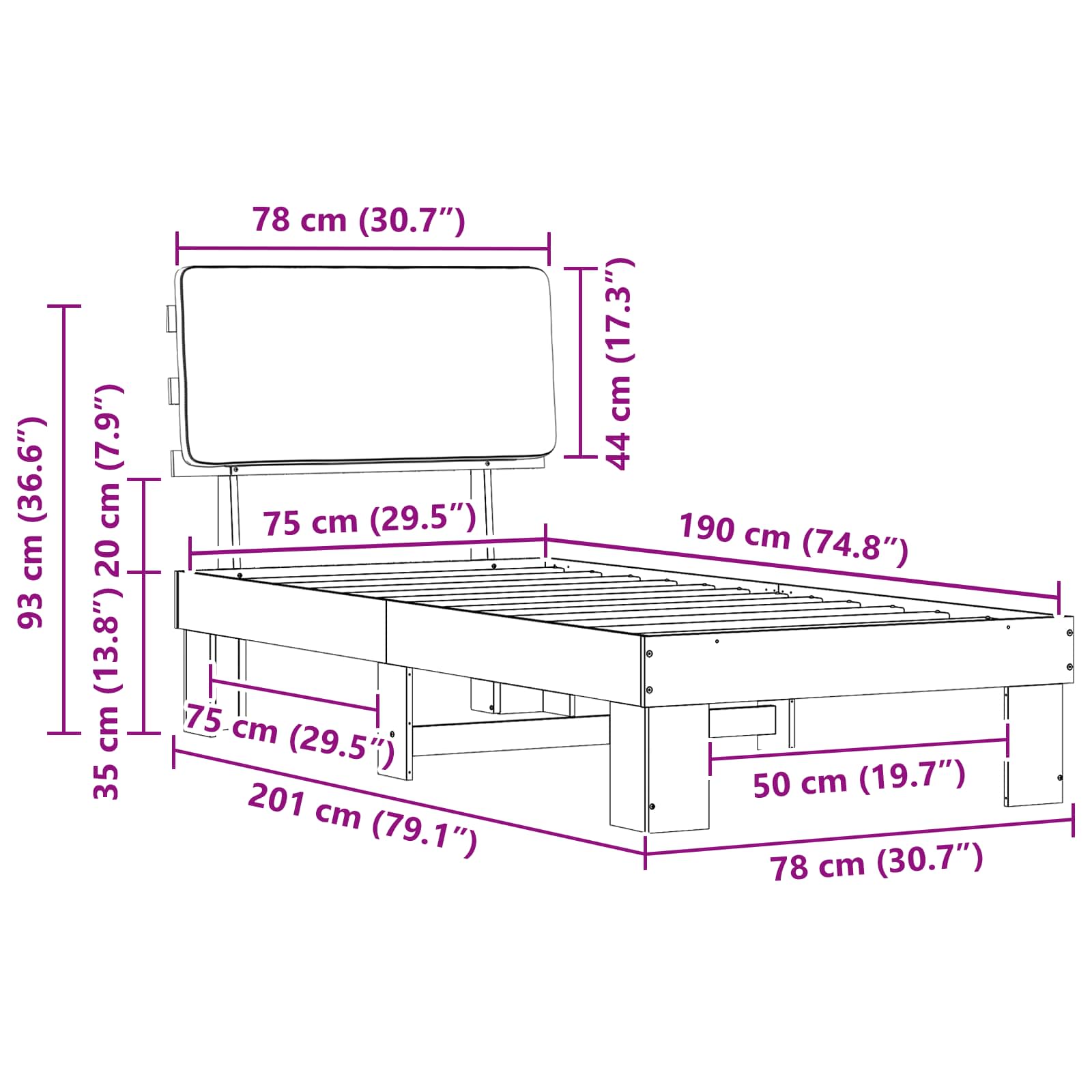 Sängram med Klädd Huvudgavel Ljusgrå 75 x 190 cm Massiv furu