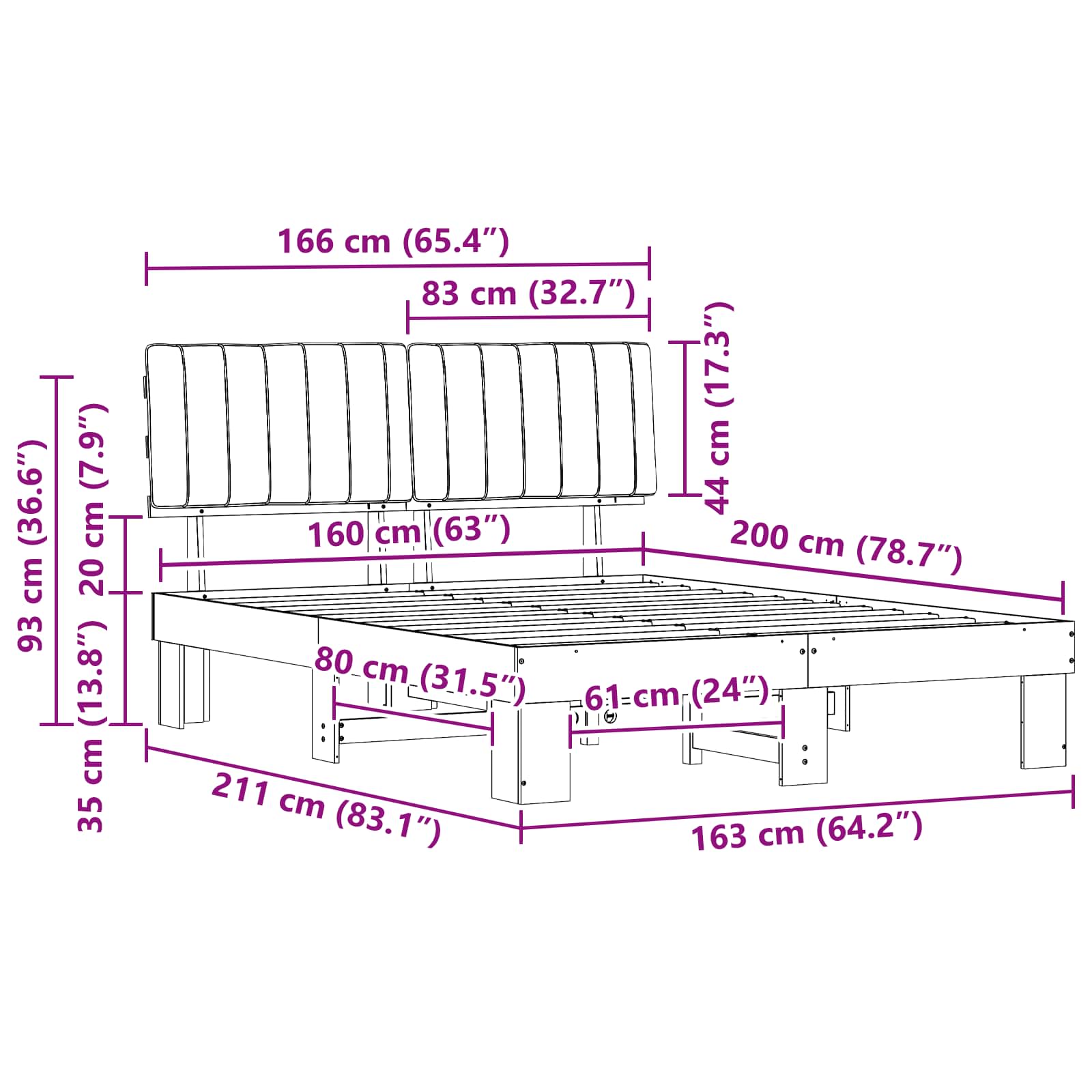 Sängram med Klädd Huvudgavel Mörkgrå 160 x 200 cm Massiv furu