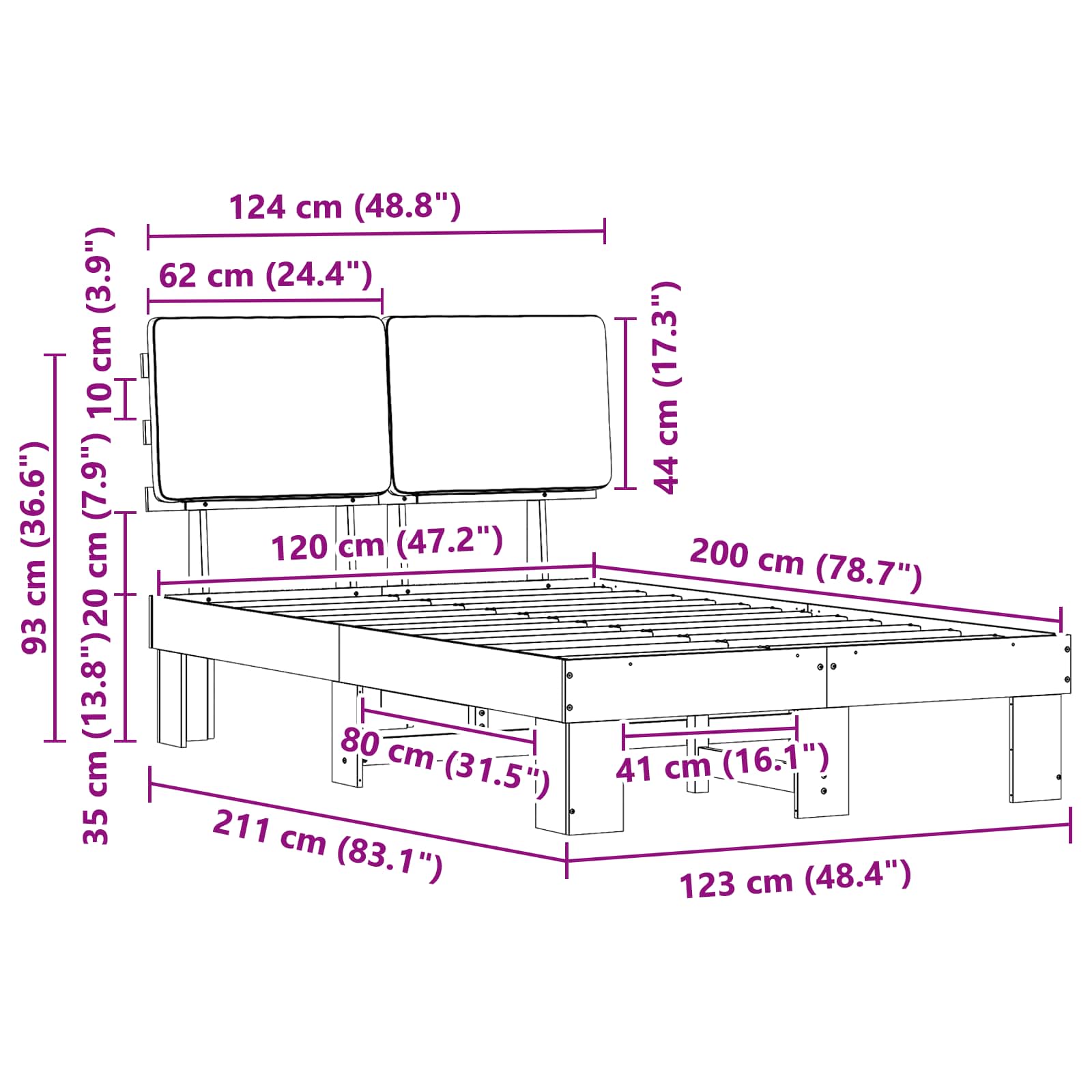 Sängram med Klädd Huvudgavel Mörkgrå 120 x 200 cm Massiv furu