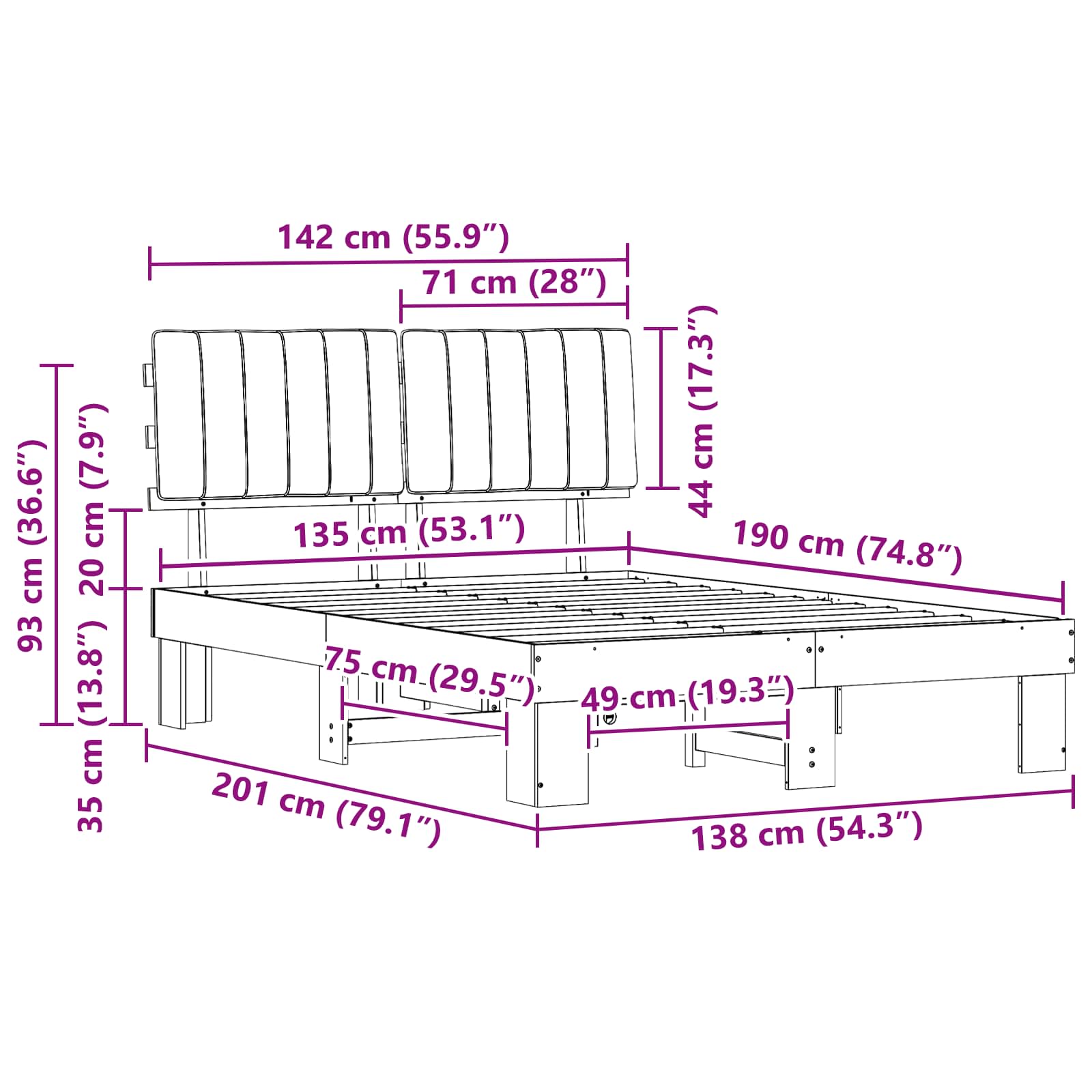 Sängram med Klädd Huvudgavel Mörkgrå 135 x 190 cm Massiv furu