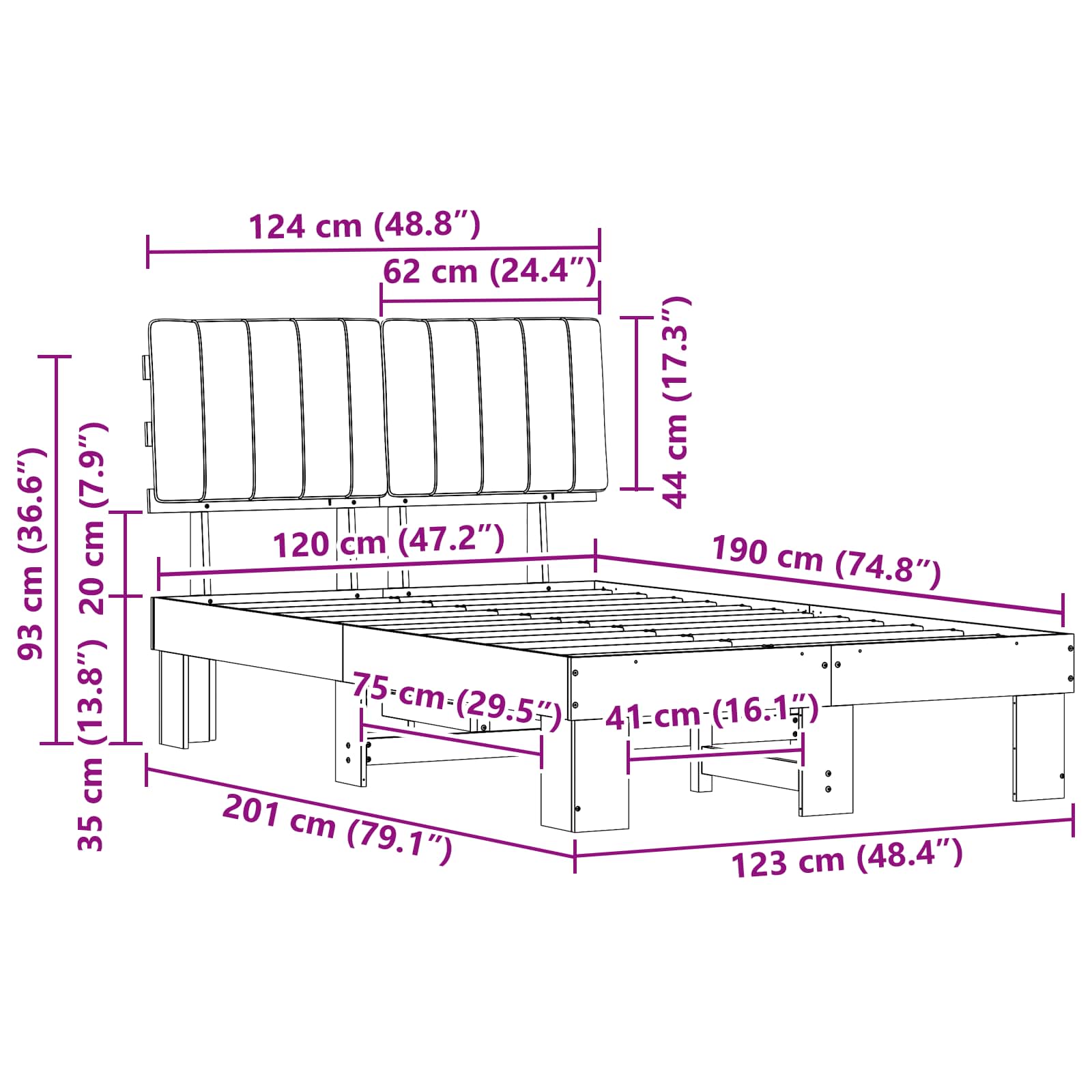 Sängram med Klädd Huvudgavel Ljusgrå 120 x 190 cm Massiv furu