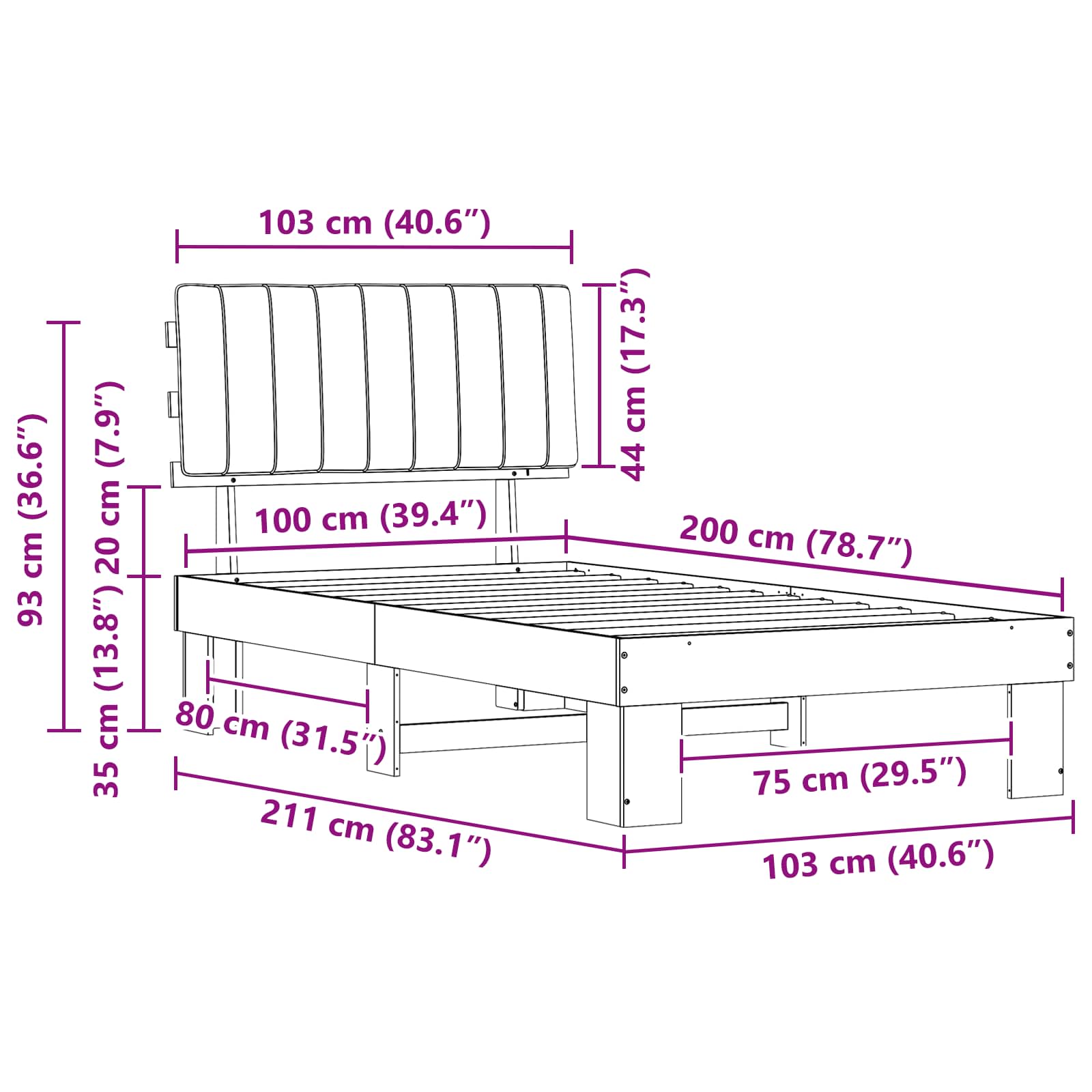 Sängram med Klädd Huvudgavel Ljusgrå 100 x 200 cm Massiv furu