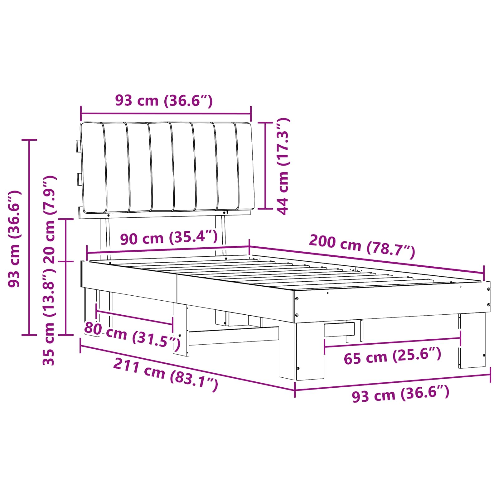 Sängram med Klädd Huvudgavel Mörkgrå 90 x 200 cm Massiv furu