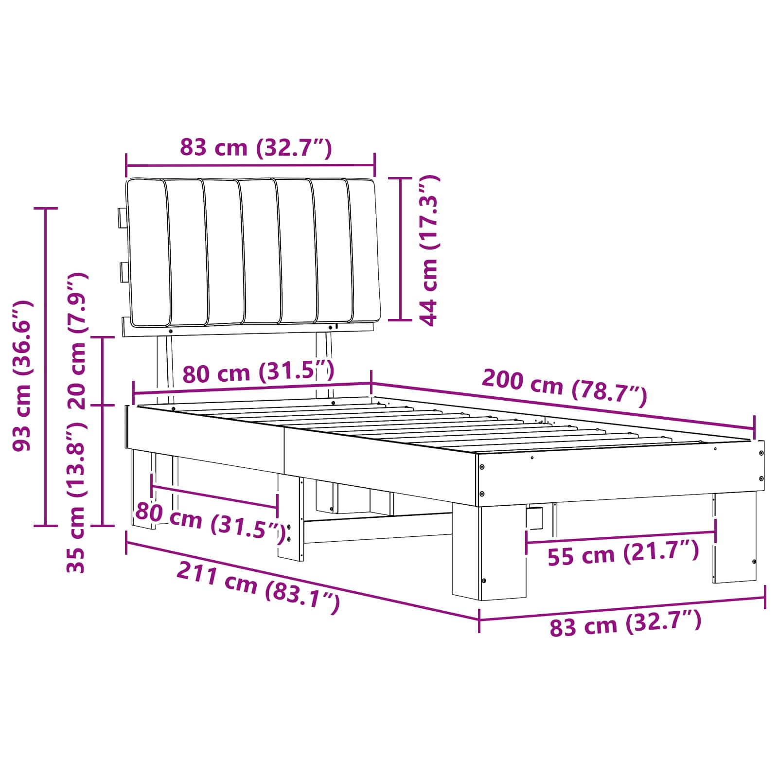 Sängram med Klädd Huvudgavel Mörkgrå 80 x 200 cm Massiv furu
