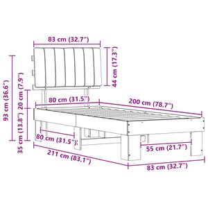 Sängram med Klädd Huvudgavel Mörkgrå 80 x 200 cm Massiv furu