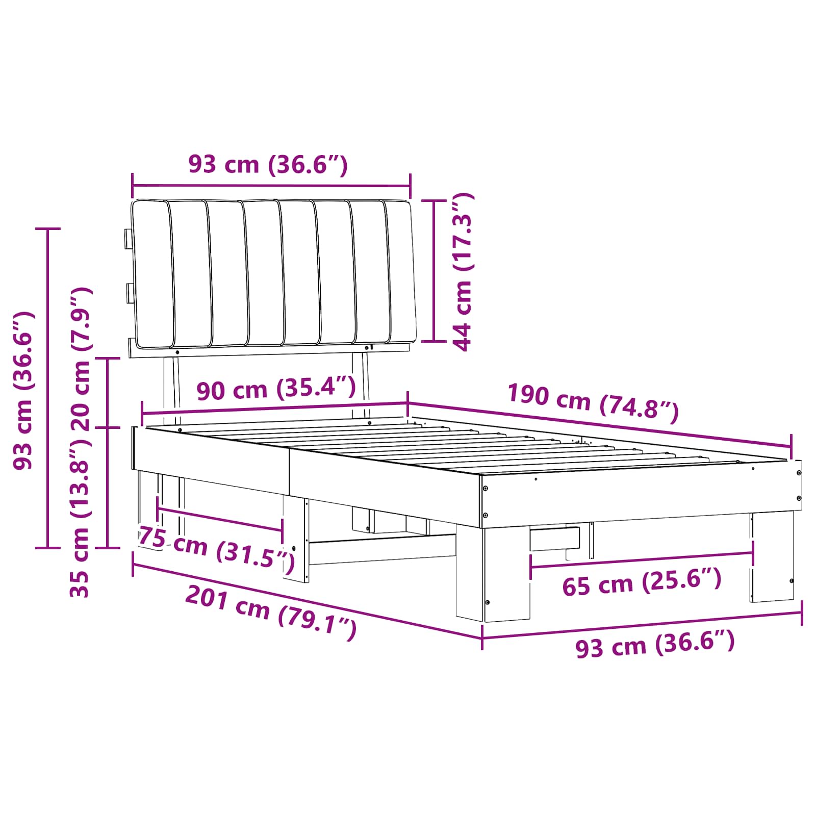 Sängram med Klädd Huvudgavel Mörkgrå 90 x 190 cm Massiv furu