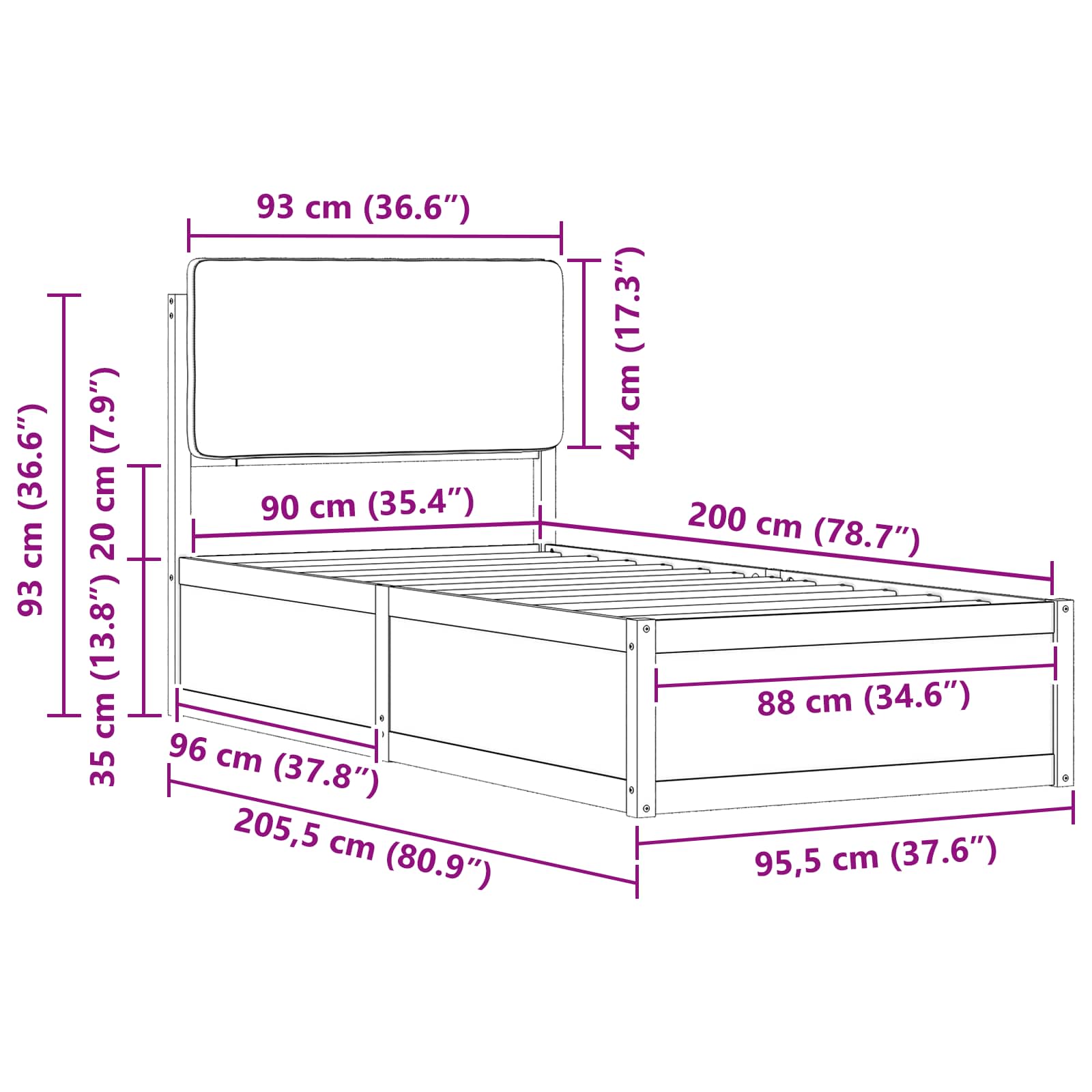 Sängram med Klädd Huvudgavel Ljusgrå 90 x 200 cm Massiv furu