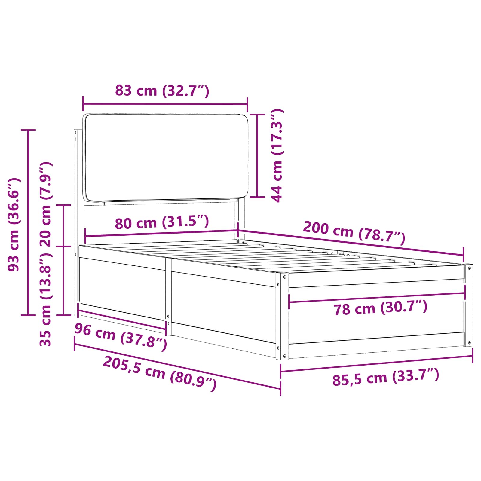 Sängram med Klädd Huvudgavel Svart 80 x 200 cm Massiv furu