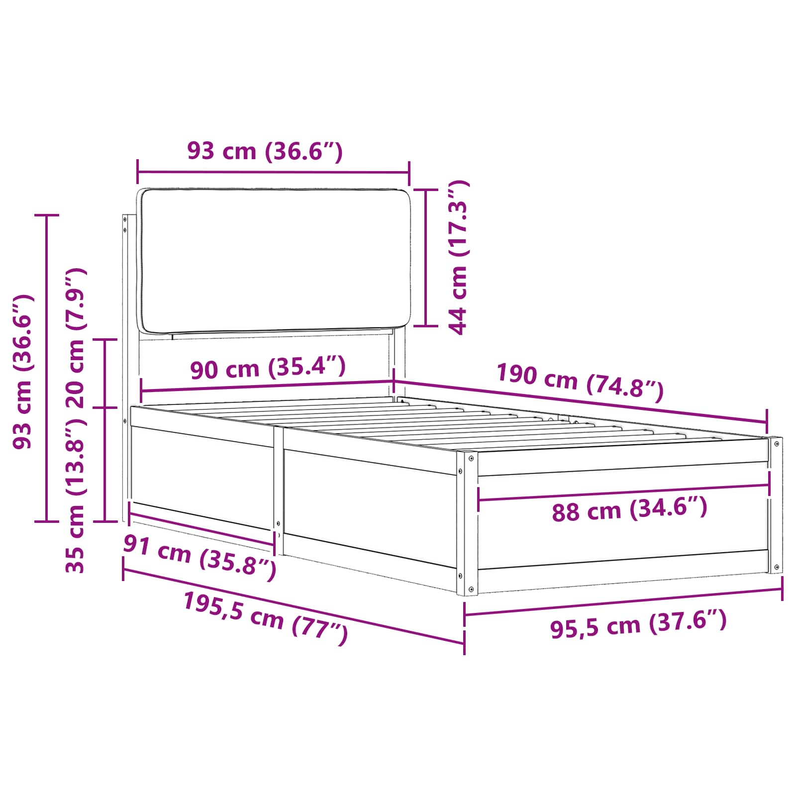Sängram med Klädd Huvudgavel Mörkgrå 90 x 190 cm Massiv furu