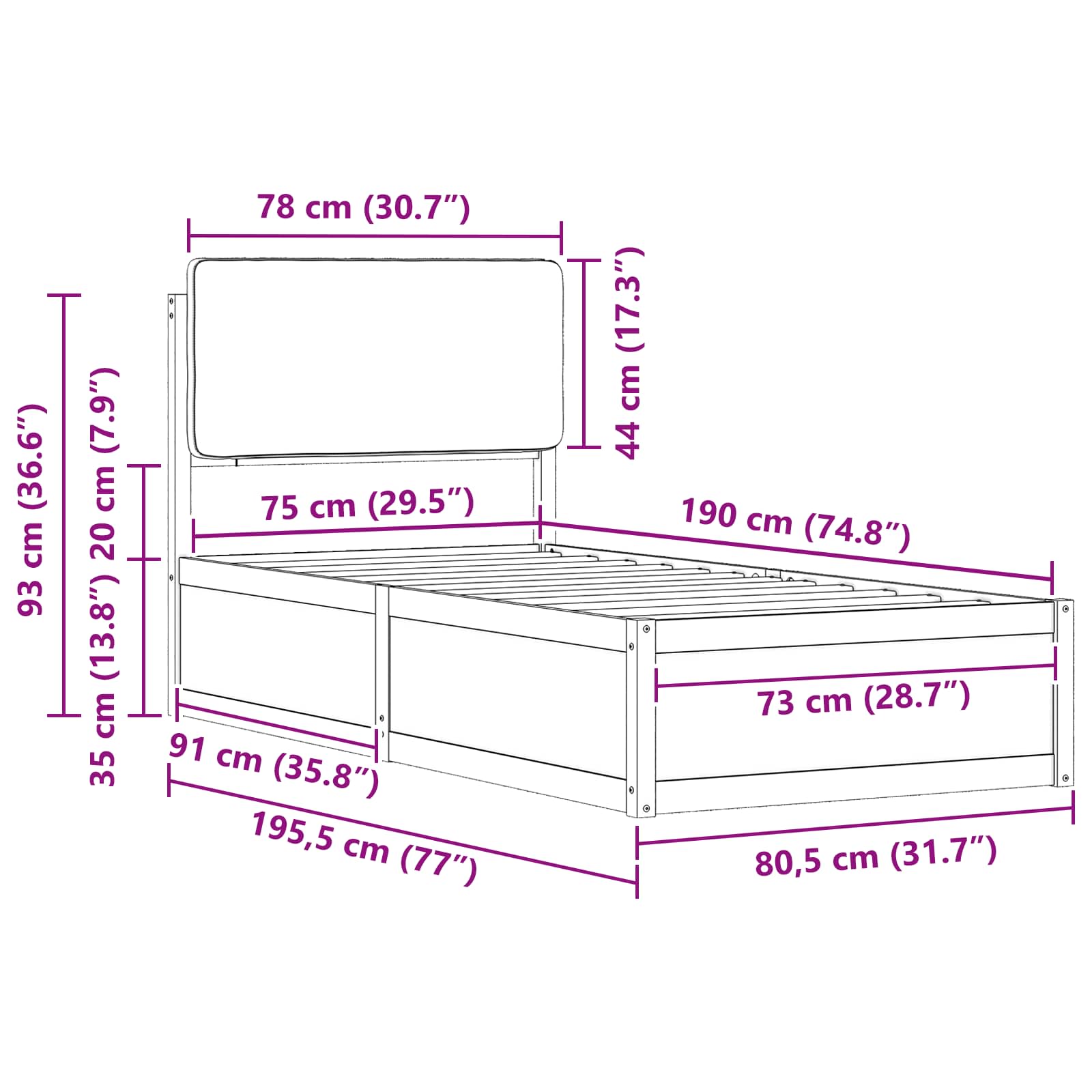 Sängram med Klädd Huvudgavel Mörkgrå 75 x 190 cm Massiv furu