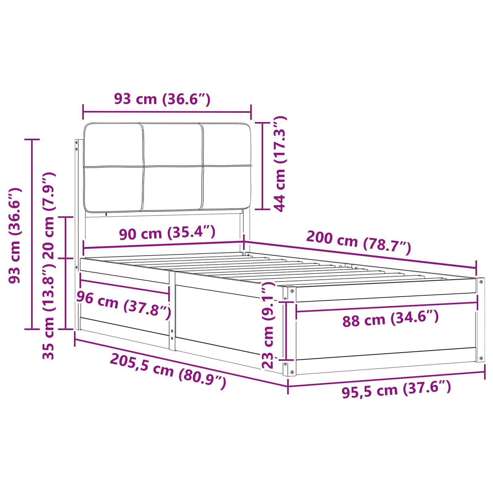Sängram med Klädd Huvudgavel Ljusgrå 90 x 200 cm Massiv furu