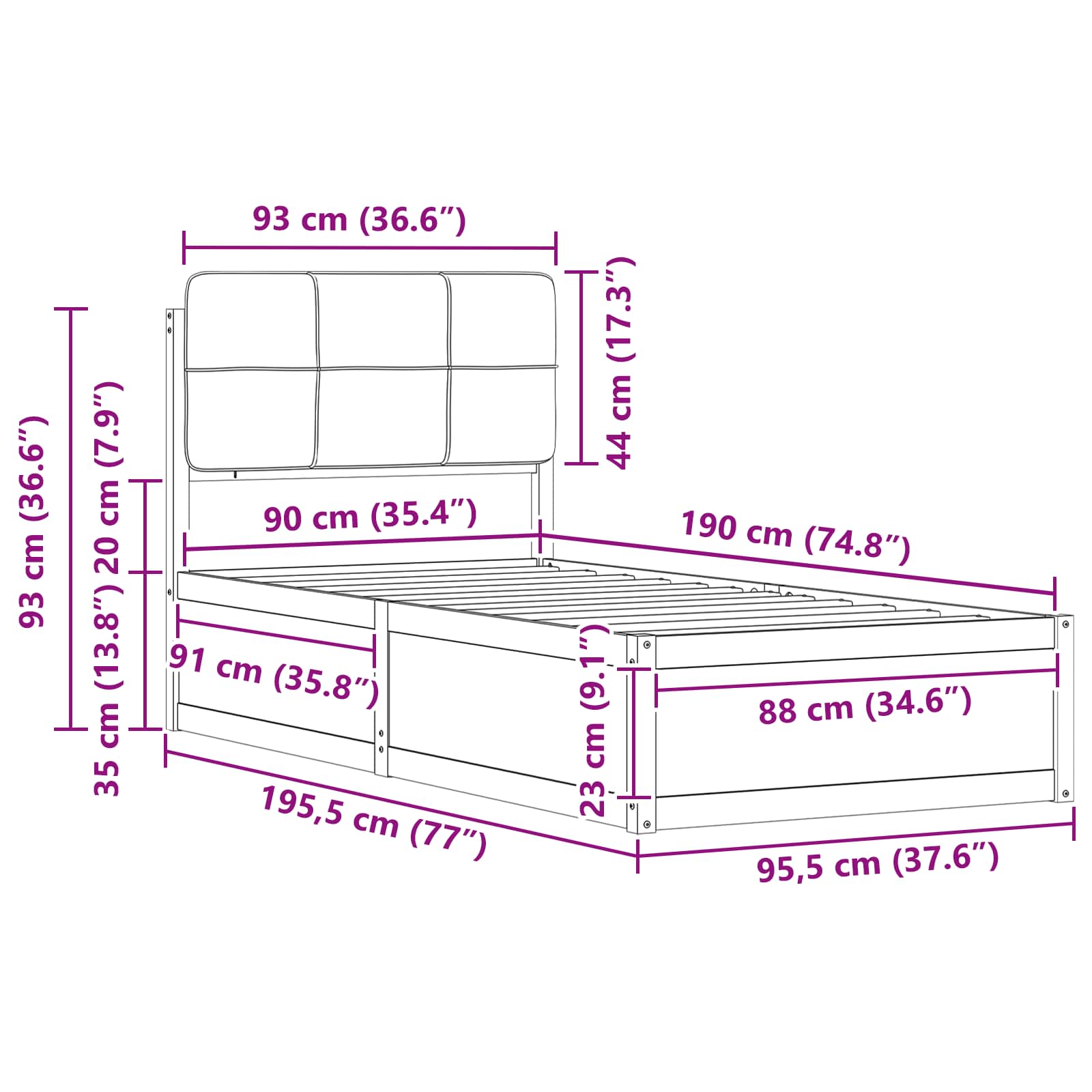 Sängram med Klädd Huvudgavel Svart 90 x 190 cm Massiv furu