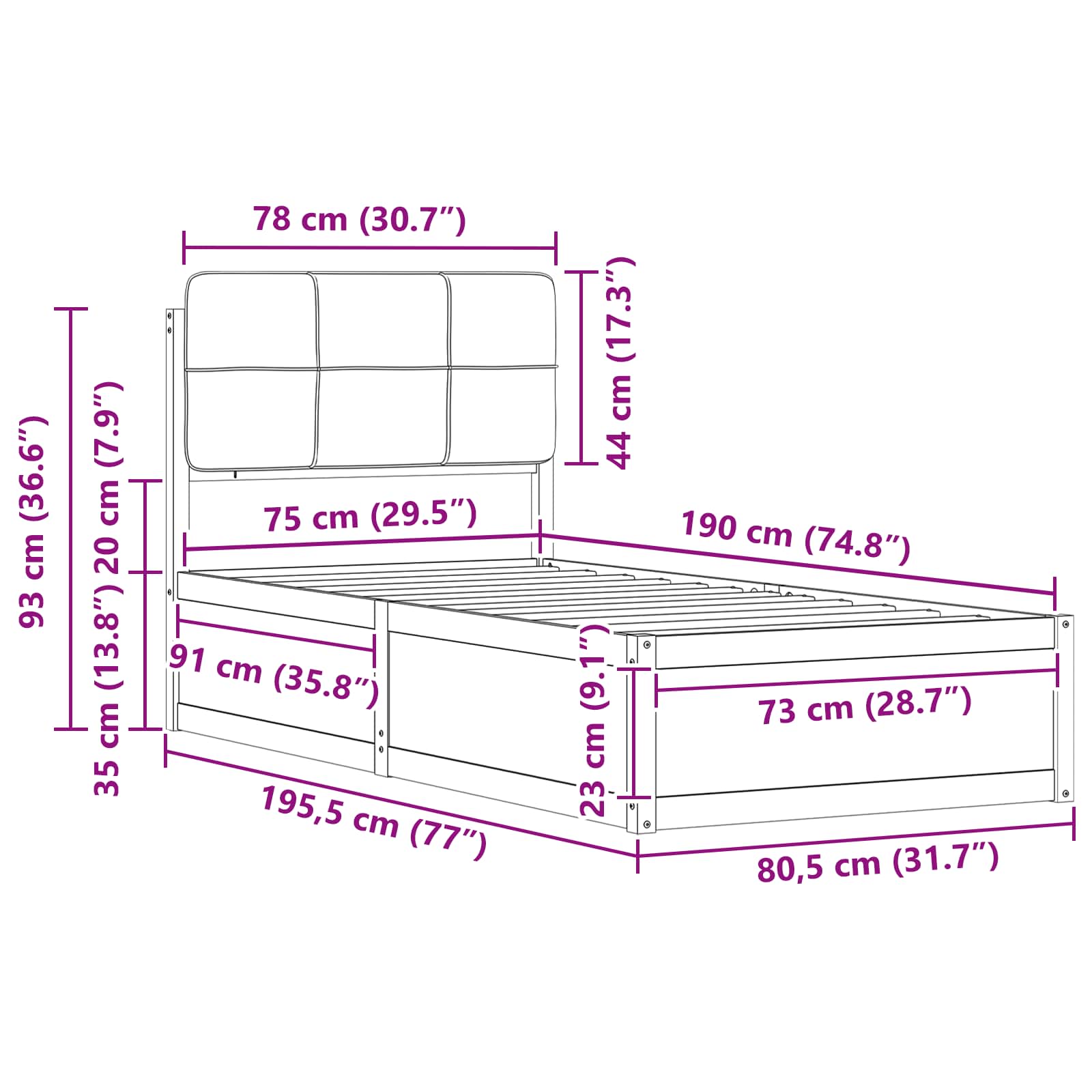 Sängram med Klädd Huvudgavel Ljusgrå 75 x 190 cm Massiv furu