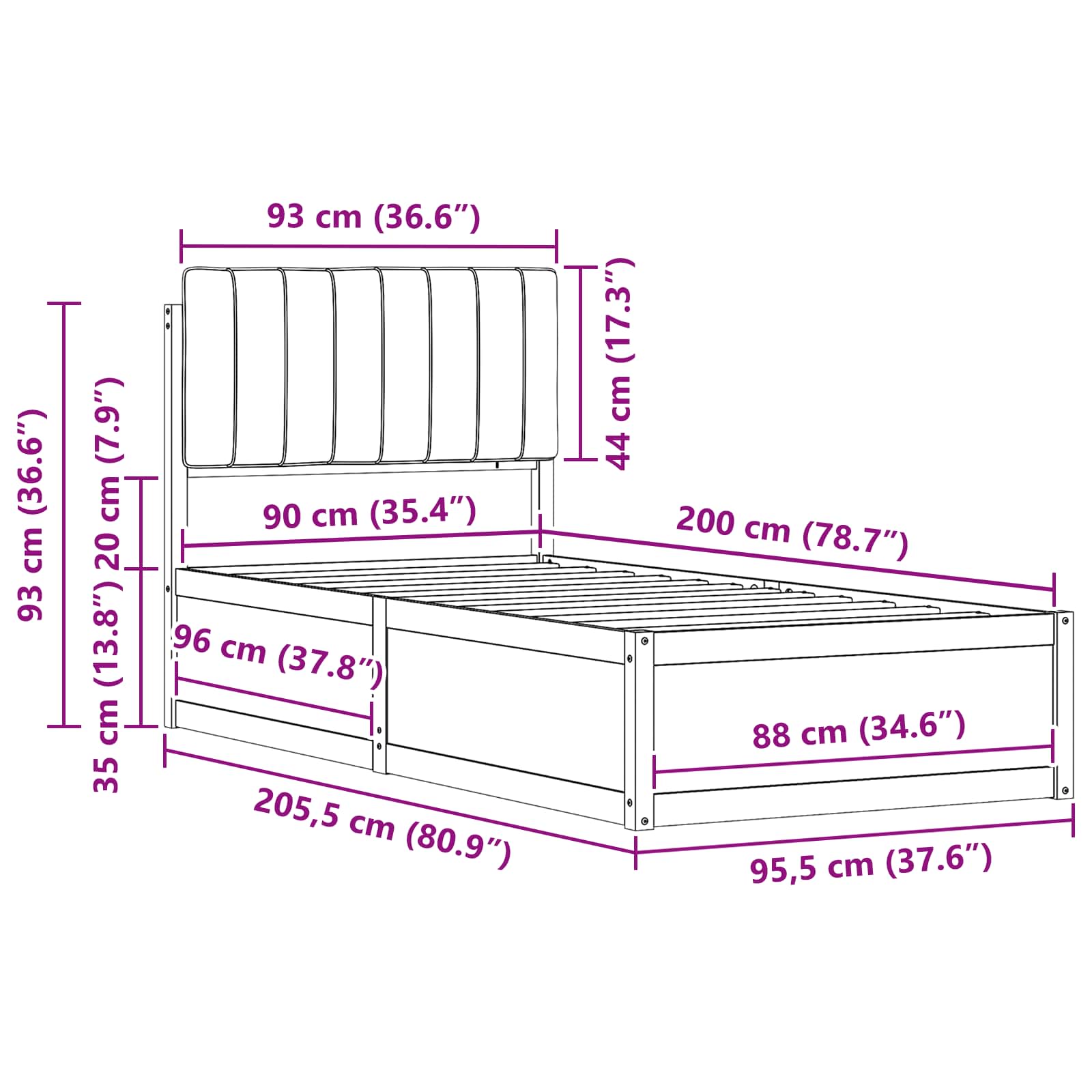 Sängram med Klädd Huvudgavel Svart 90 x 200 cm Massiv furu