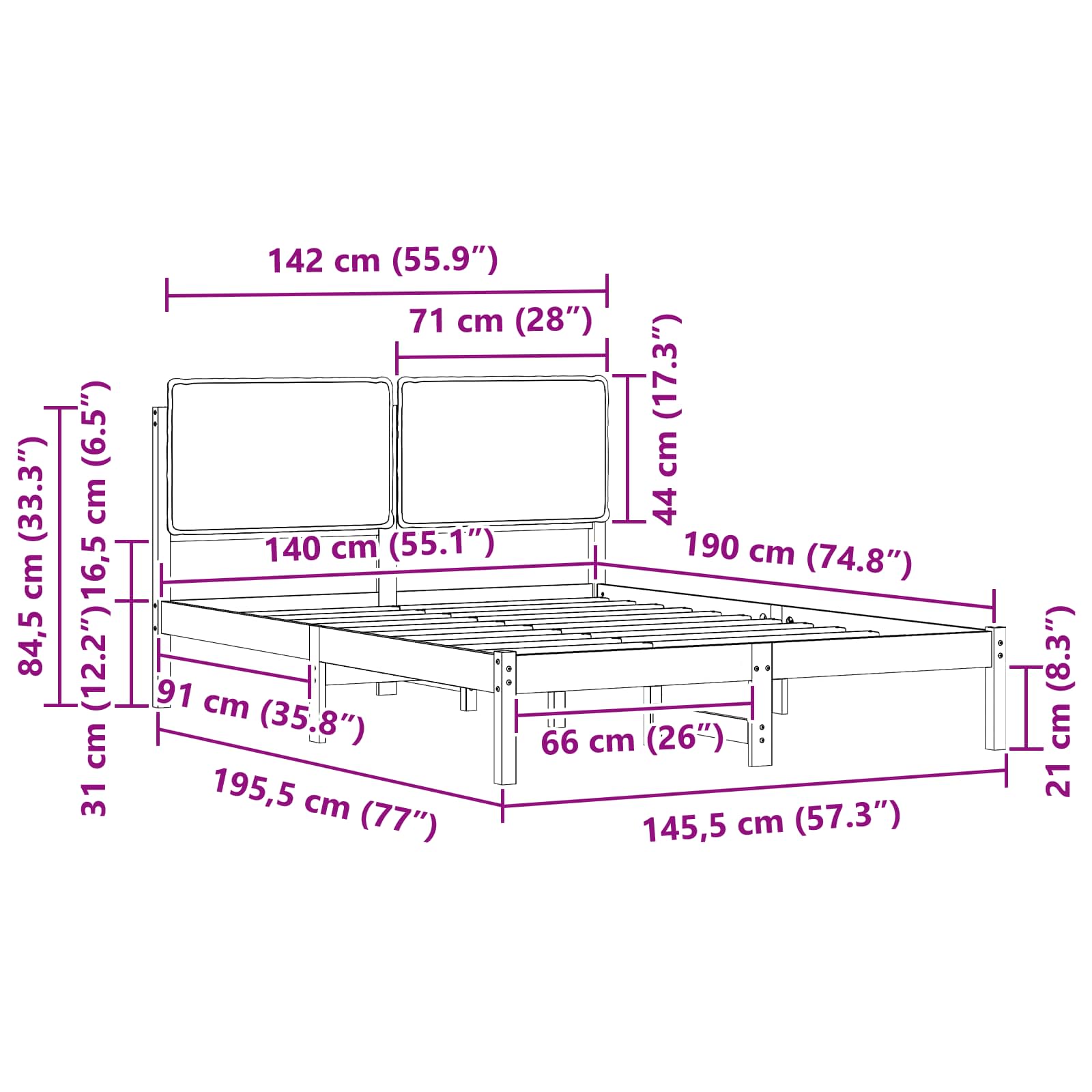 Sängram med Klädd Huvudgavel Mörkgrå 140 x 190 cm Massiv furu