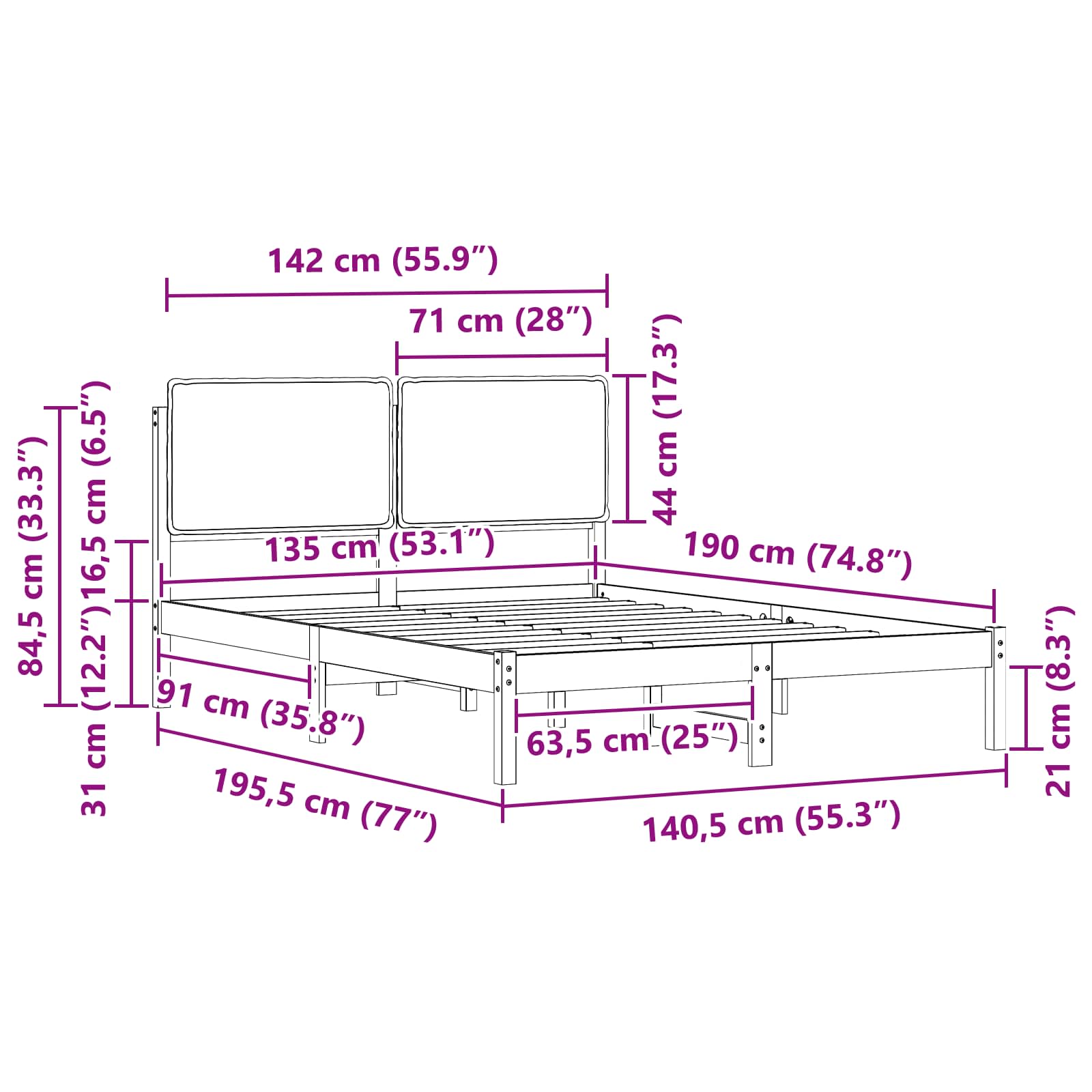 Sängram med Klädd Huvudgavel Mörkgrå 135 x 190 cm Massiv furu