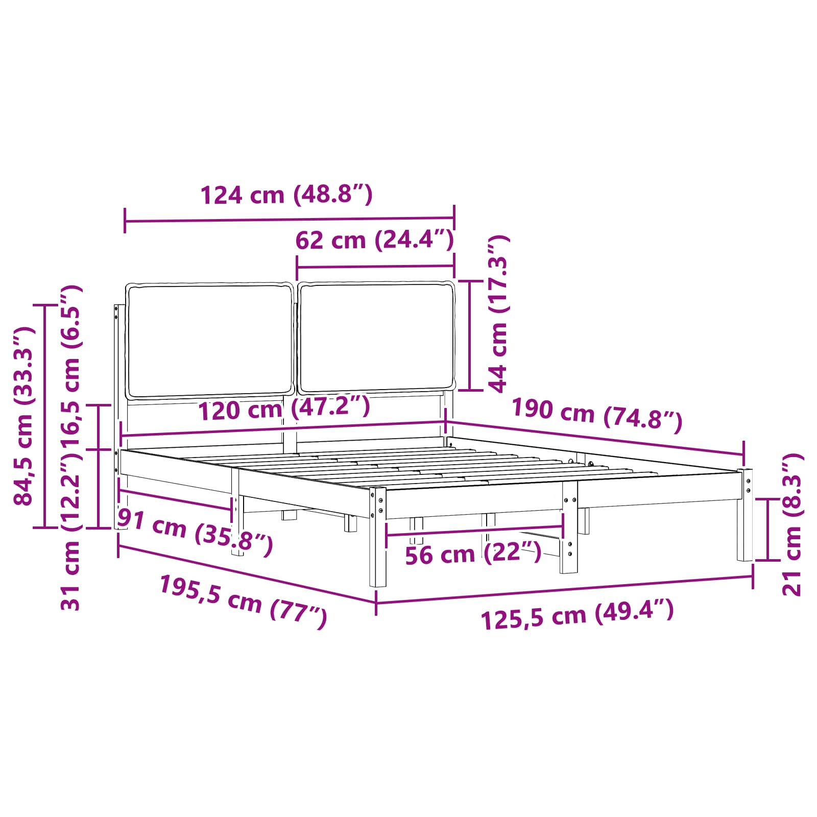 Sängram med Klädd Huvudgavel Svart 120 x 190 cm Massiv furu
