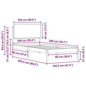Sängram med Klädd Huvudgavel Ljusgrå 100 x 200 cm Massiv furu