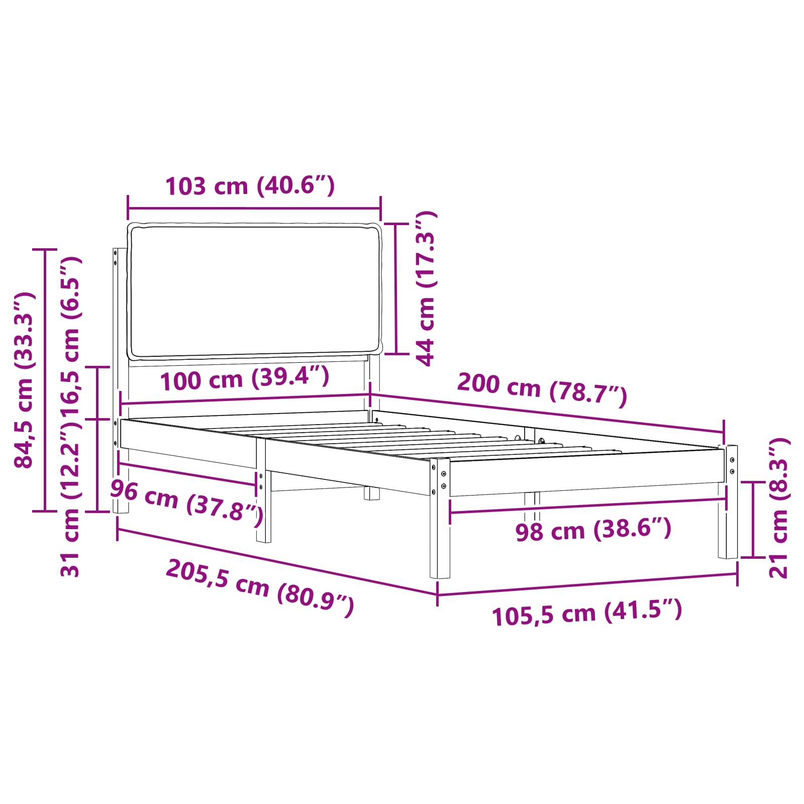 Sängram med Klädd Huvudgavel Taupe 100 x 200 cm Massiv furu