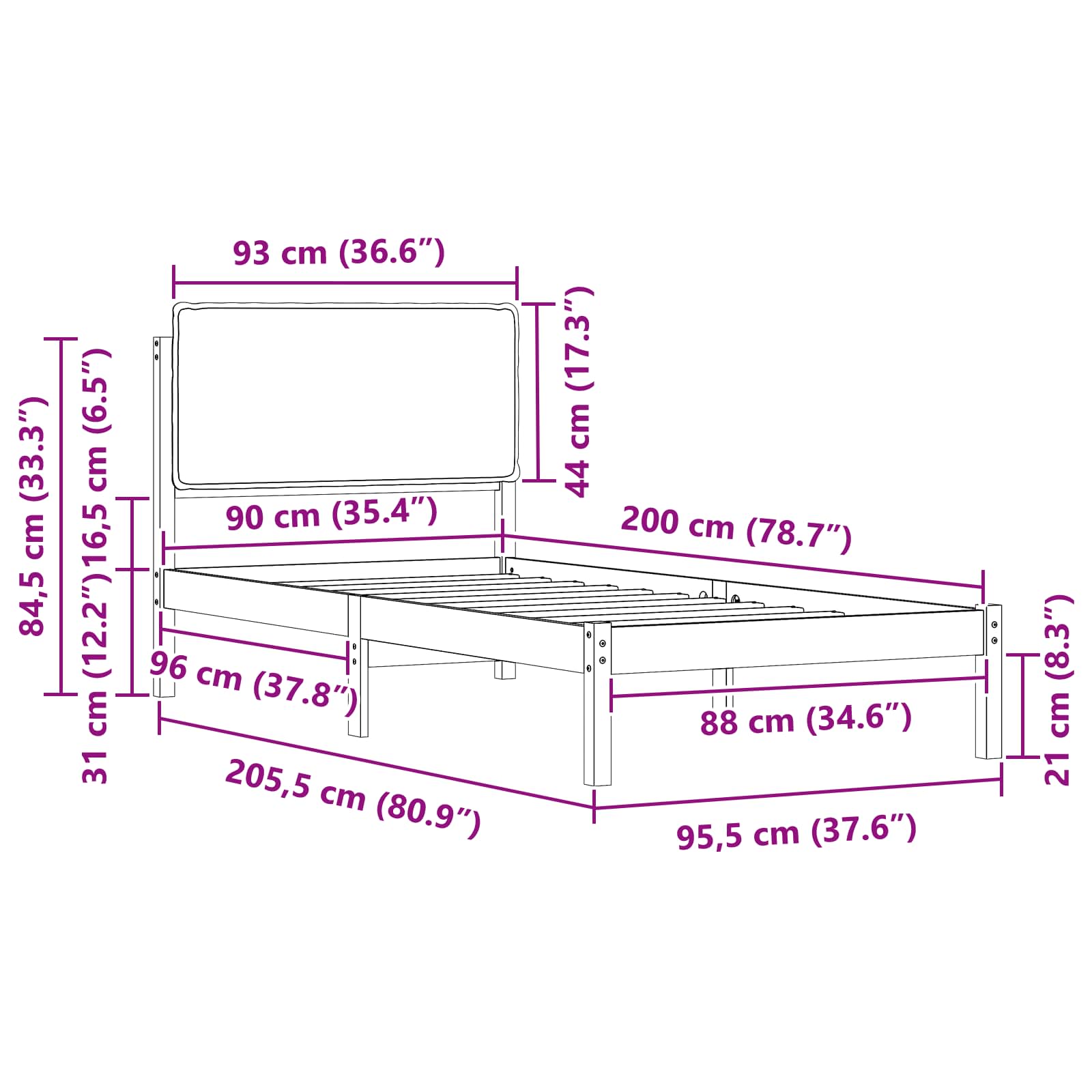 Sängram med Klädd Huvudgavel Svart 90 x 200 cm Massiv furu