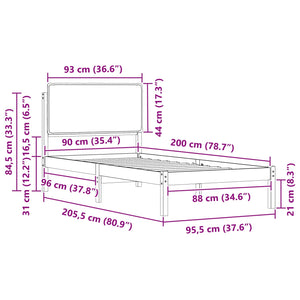 Sängram med Klädd Huvudgavel Svart 90 x 200 cm Massiv furu