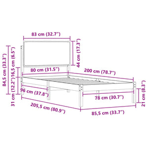 Sängram med Klädd Huvudgavel Svart 80 x 200 cm Massiv furu