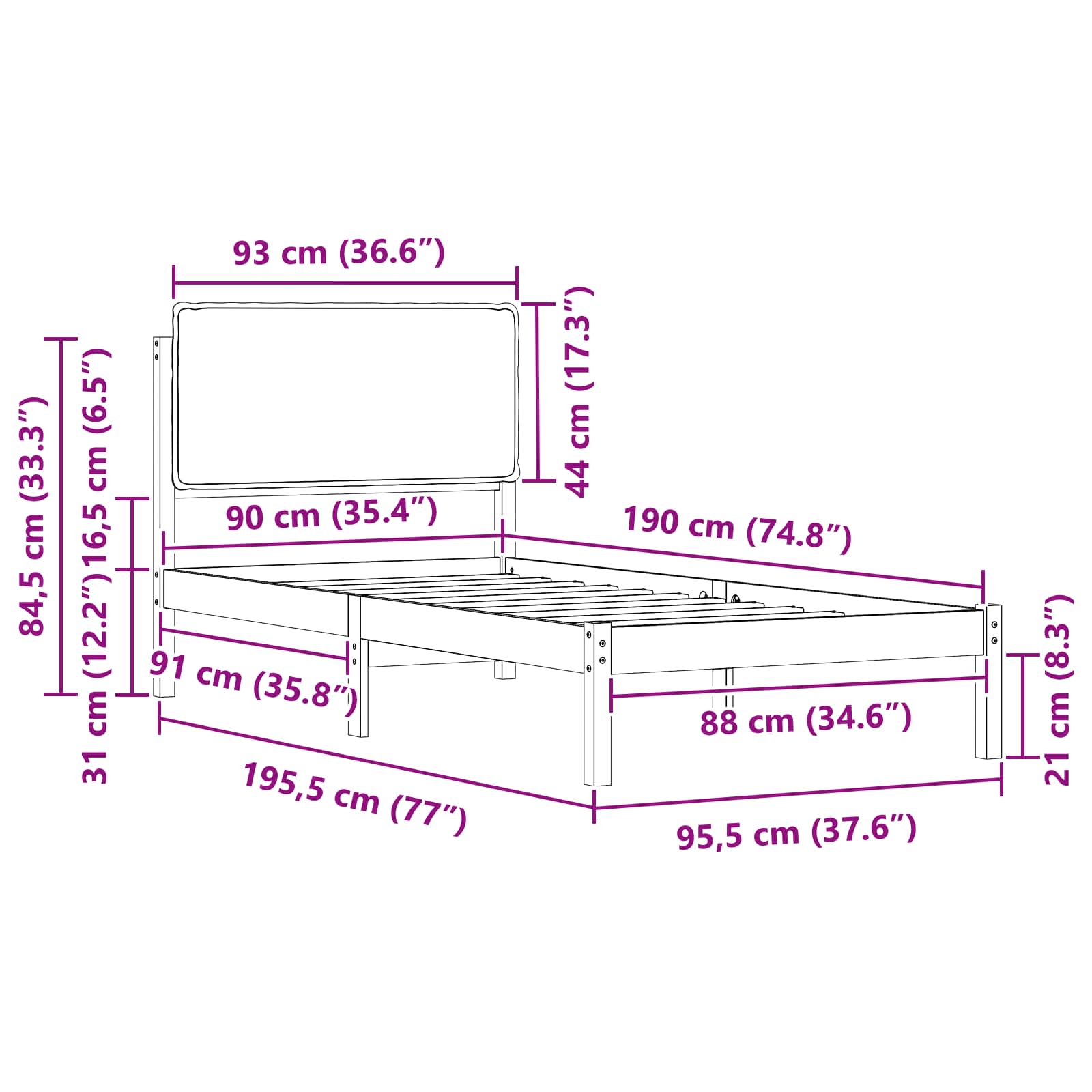 Sängram med Klädd Huvudgavel Ljusgrå 90 x 190 cm Massiv furu