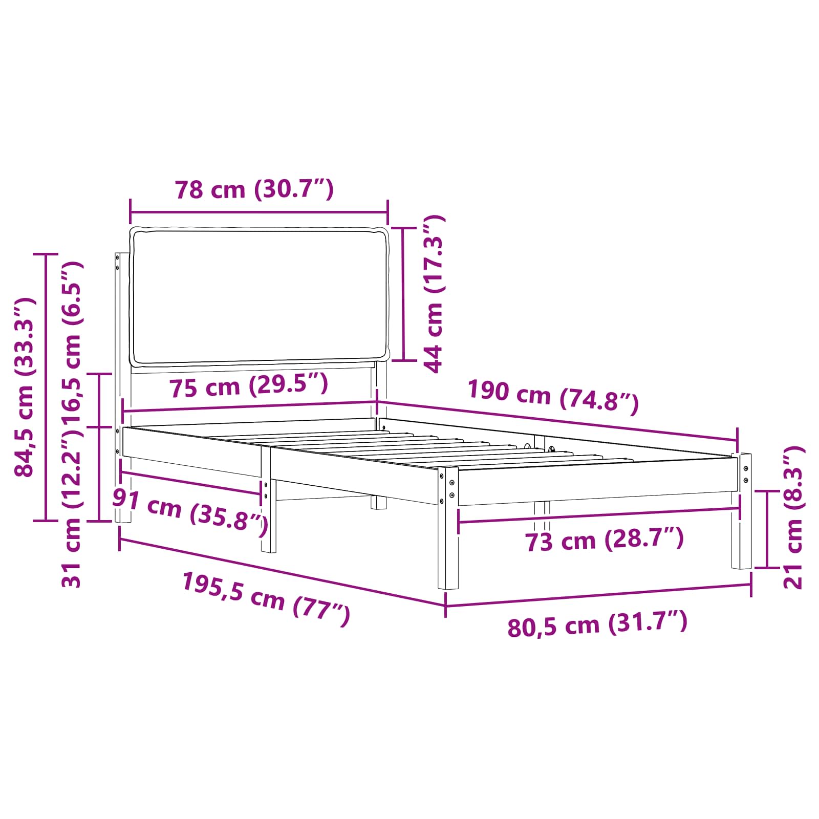 Sängram med Klädd Huvudgavel Svart 75 x 190 cm Massiv furu