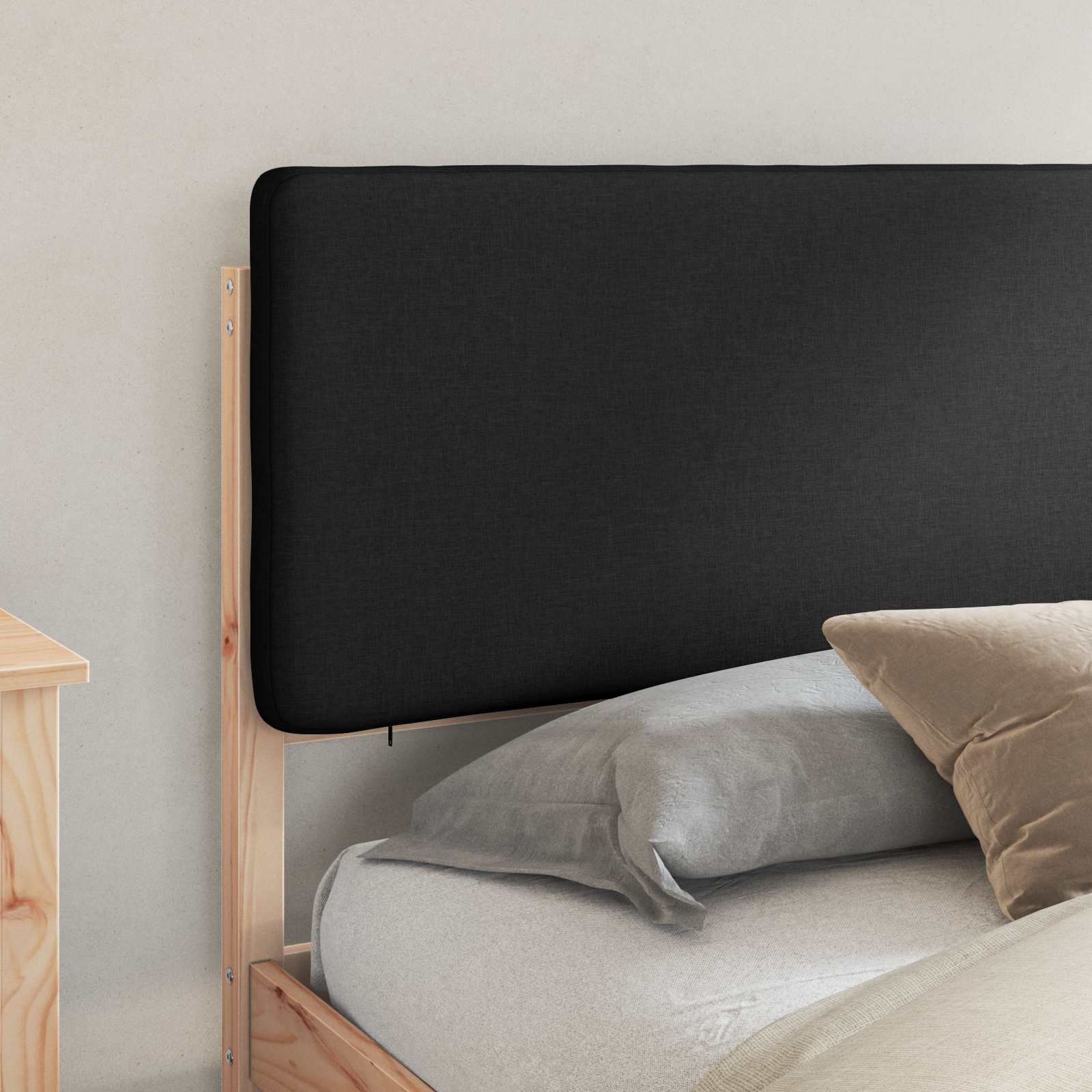 Sängram med Klädd Huvudgavel Svart 180 x 200 cm Massiv furu