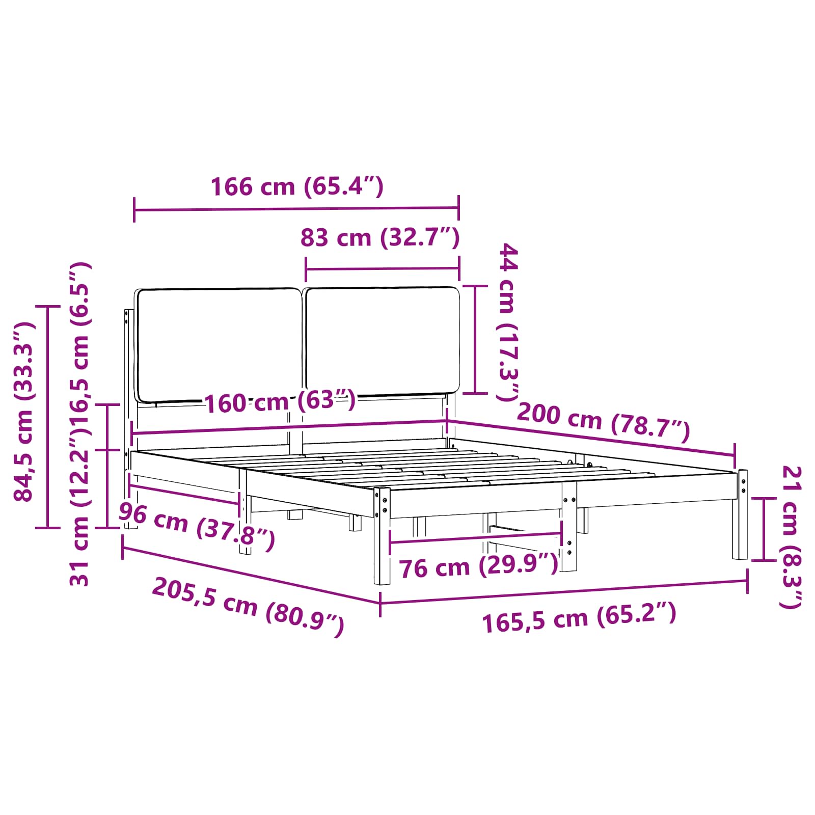 Sängram med Klädd Huvudgavel Mörkgrå 160 x 200 cm Massiv furu