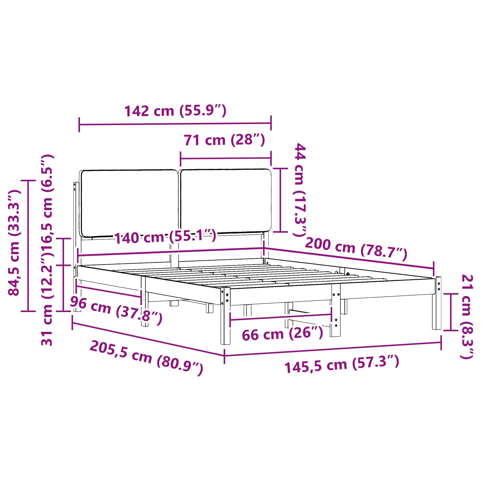Sängram med Klädd Huvudgavel Ljusgrå 140 x 200 cm Massiv furu