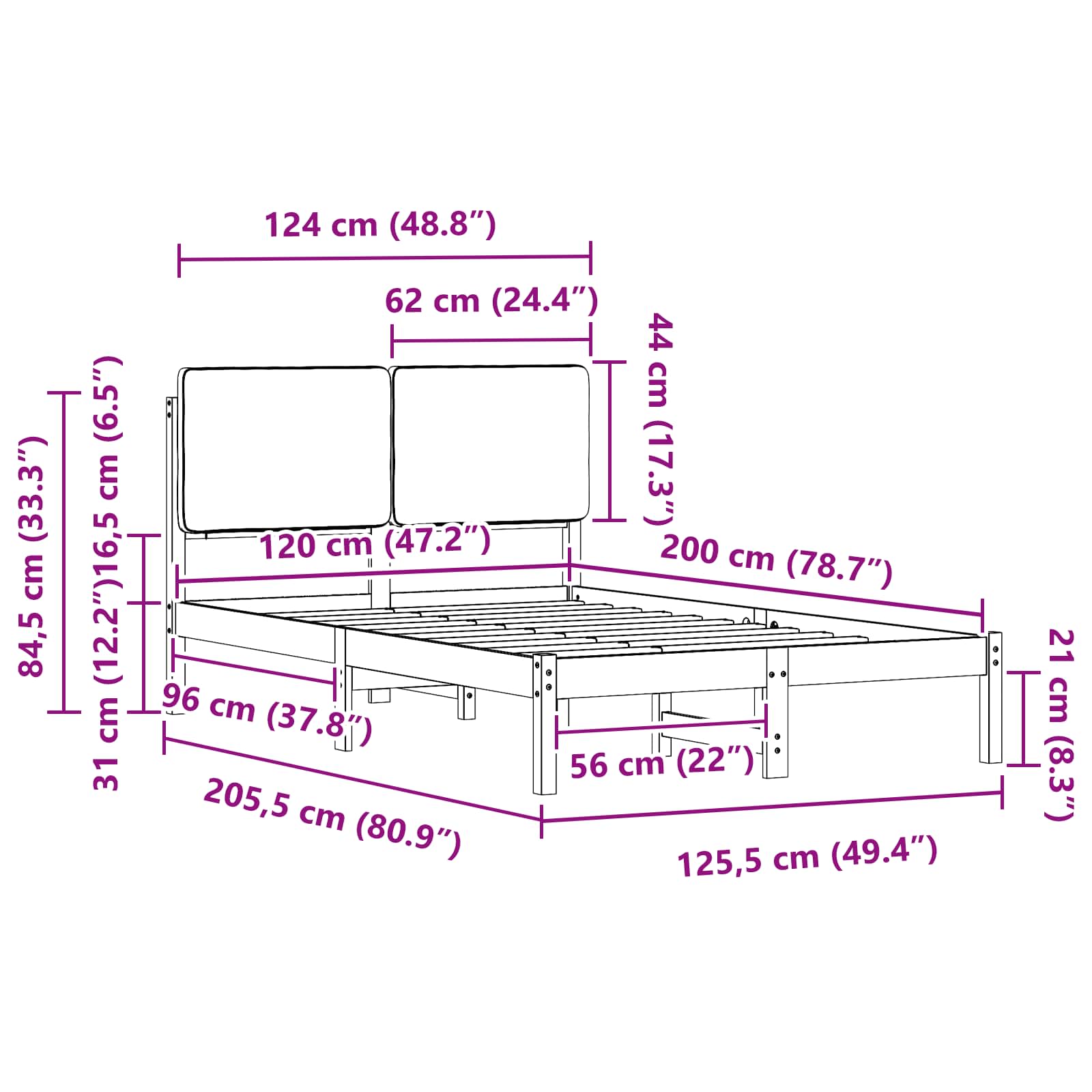 Sängram med Klädd Huvudgavel Mörkgrå 120 x 200 cm Massiv furu