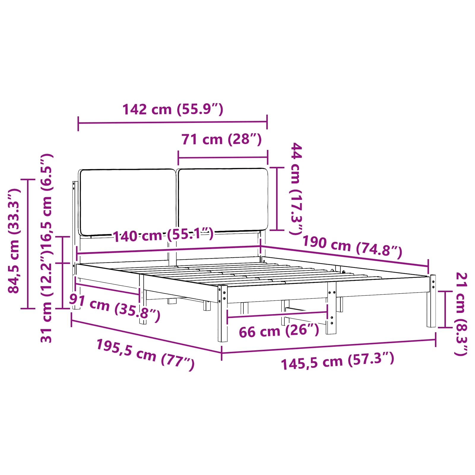 Sängram med Klädd Huvudgavel Ljusgrå 140 x 190 cm Massiv furu