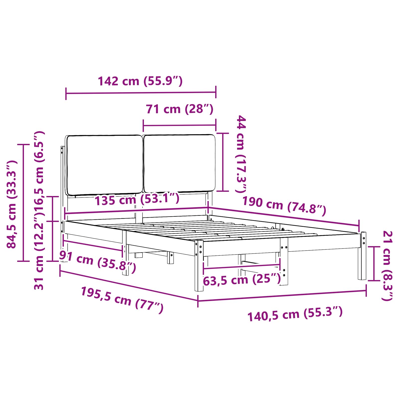 Sängram med Klädd Huvudgavel Mörkgrå 135 x 190 cm Massiv furu