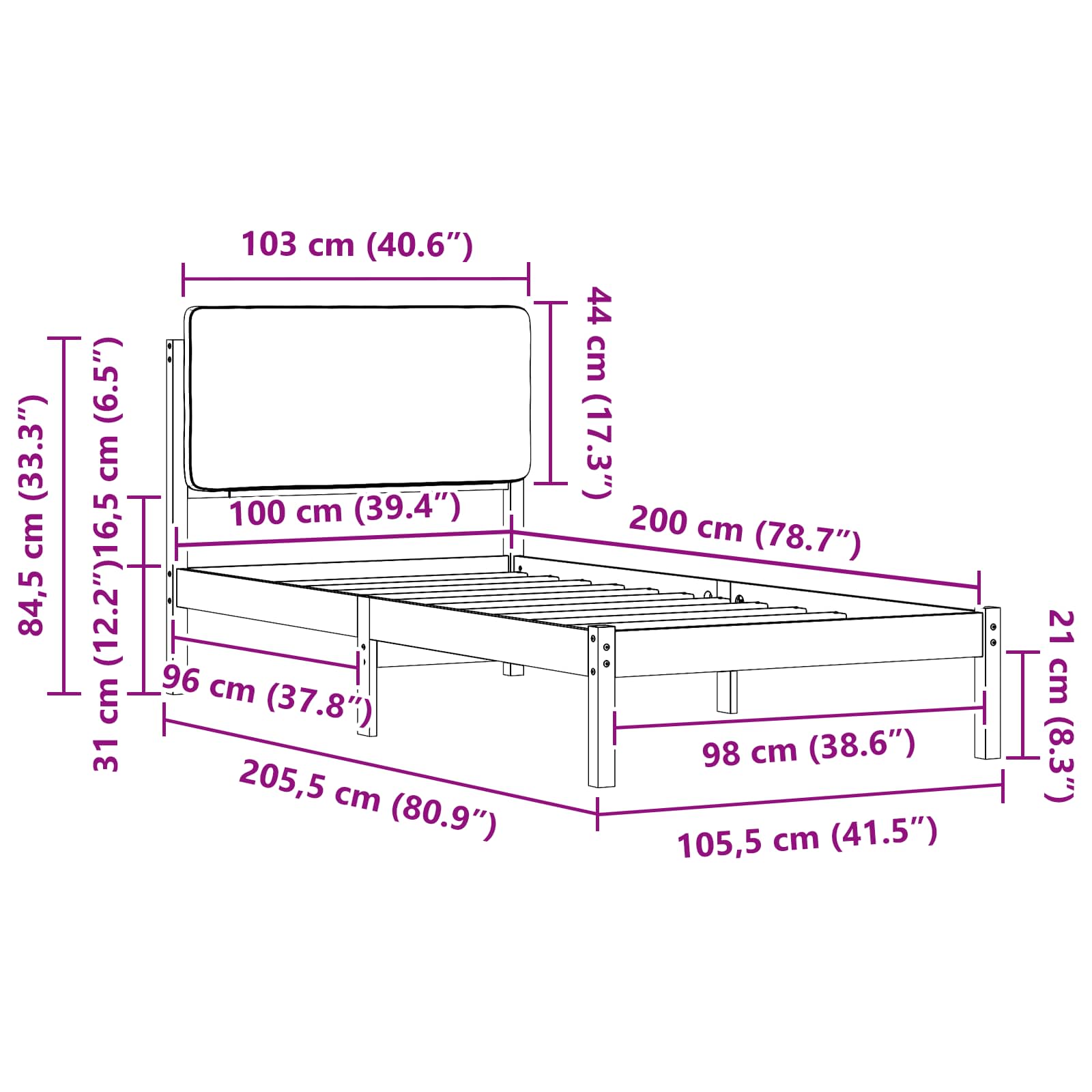 Sängram med Klädd Huvudgavel Ljusgrå 100 x 200 cm Massiv furu