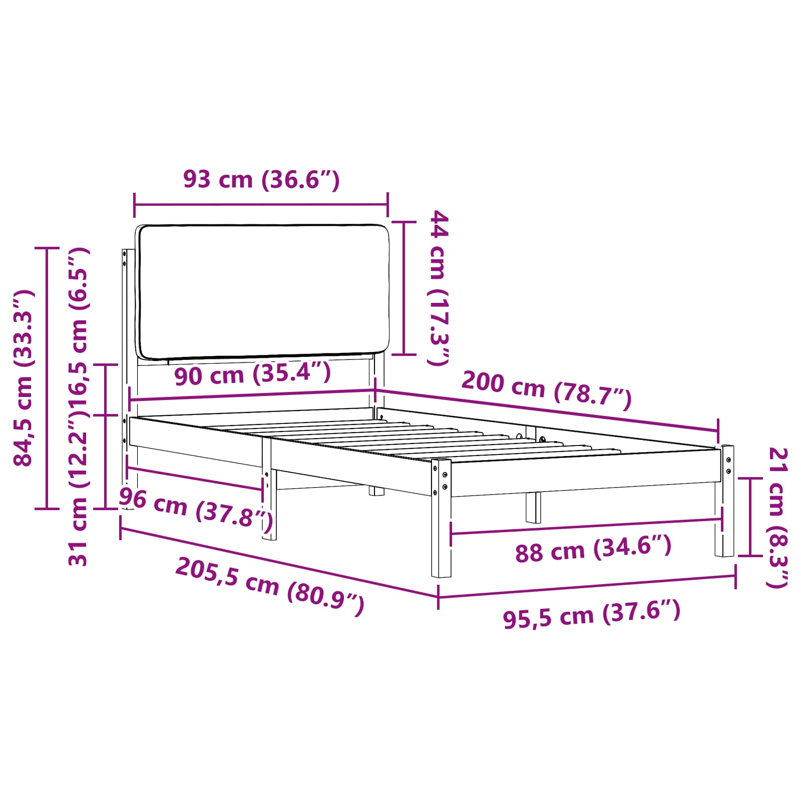 Sängram med Klädd Huvudgavel Ljusgrå 90 x 200 cm Massiv furu
