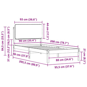 Sängram med Klädd Huvudgavel Mörkgrå 90 x 200 cm Massiv furu