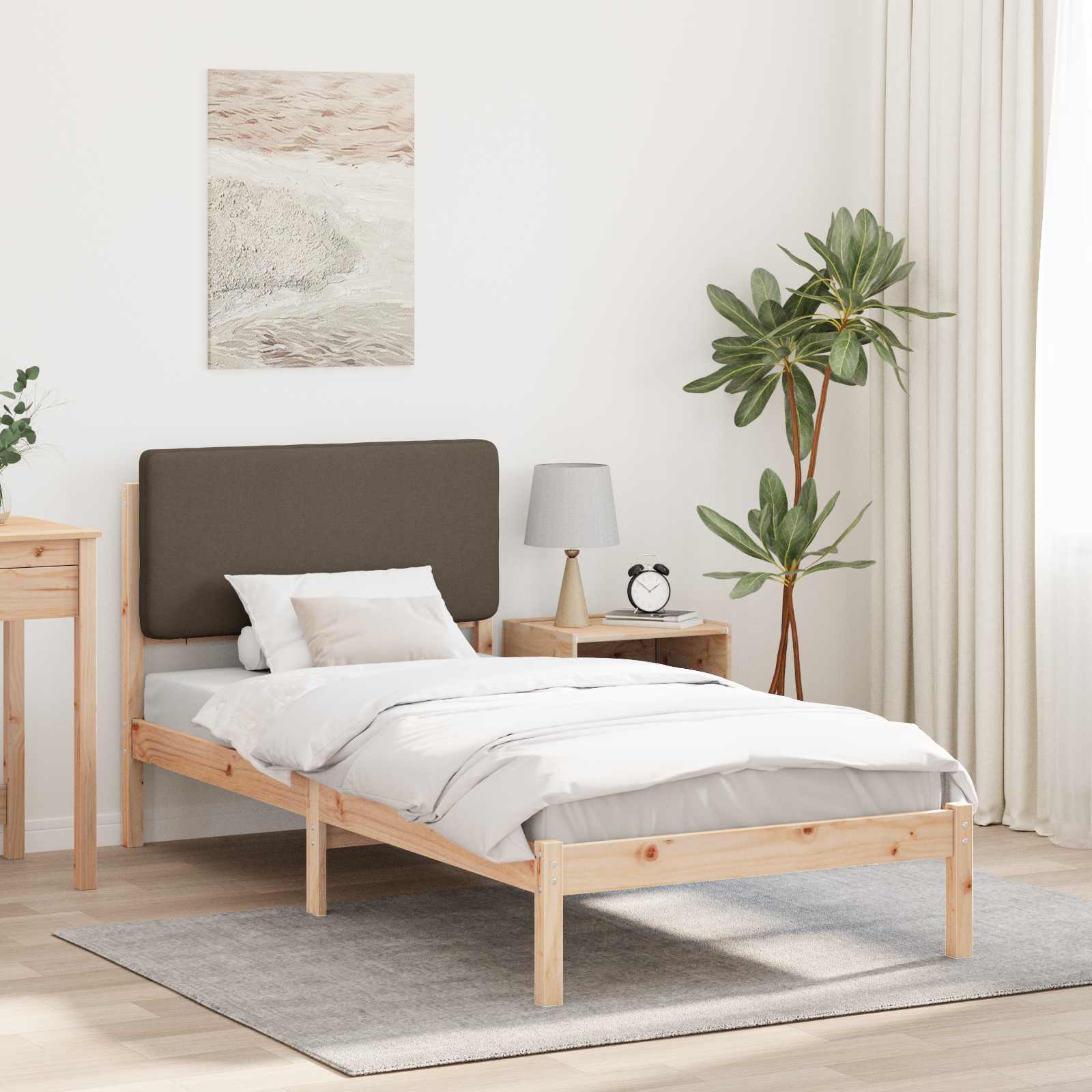 Sängram med Klädd Huvudgavel Taupe 75 x 190 cm Massiv furu