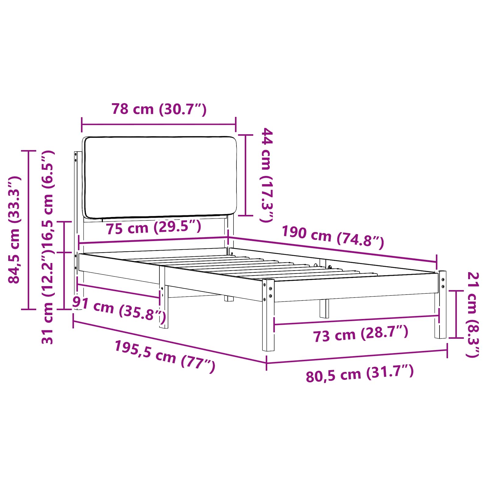 Sängram med Klädd Huvudgavel Ljusgrå 75 x 190 cm Massiv furu