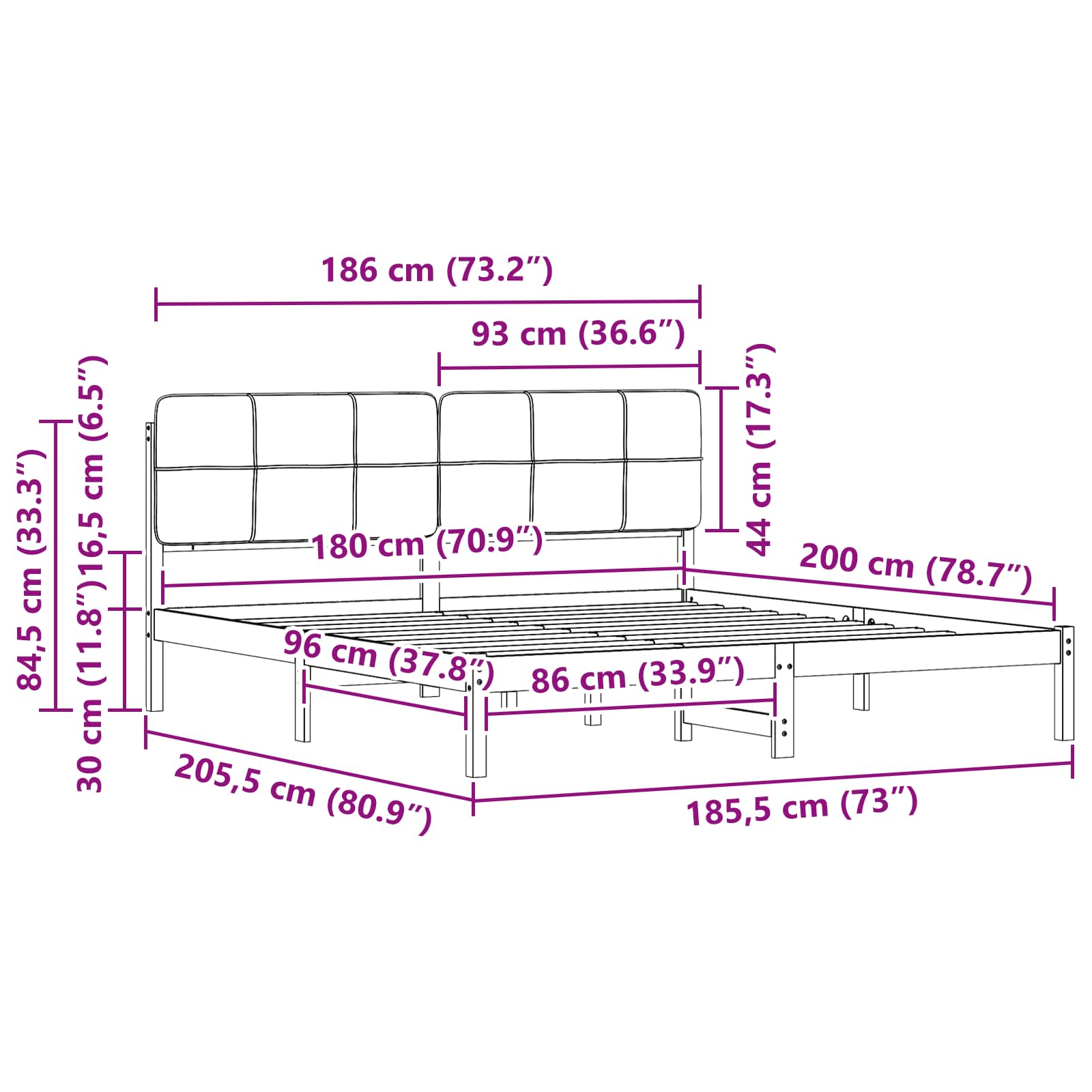 Sängram med Klädd Huvudgavel Ljusgrå 180 x 200 cm Massiv furu