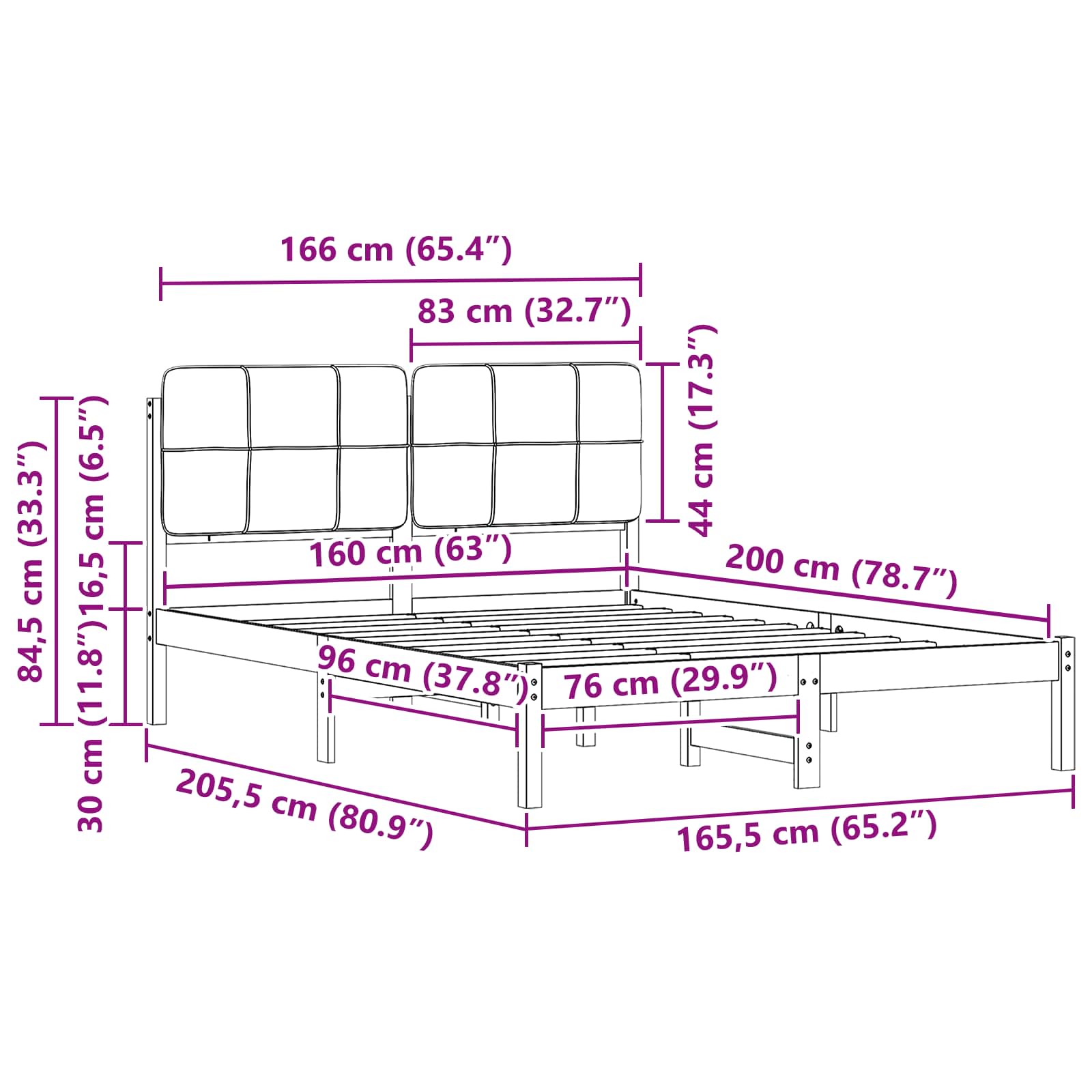 Sängram med Klädd Huvudgavel Taupe 160 x 200 cm Massiv furu