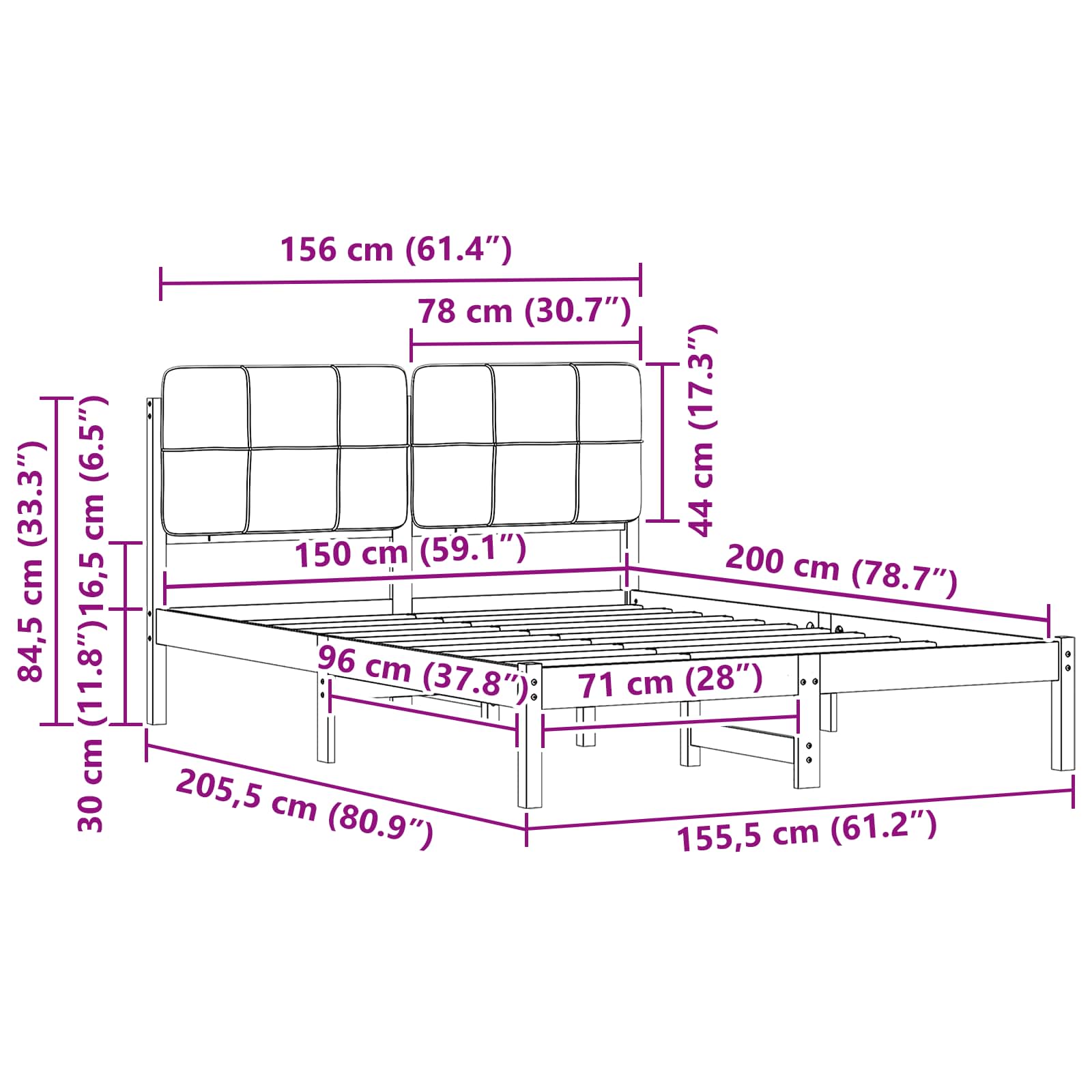 Sängram med Klädd Huvudgavel Mörkgrå 150 x 200 cm Massiv furu