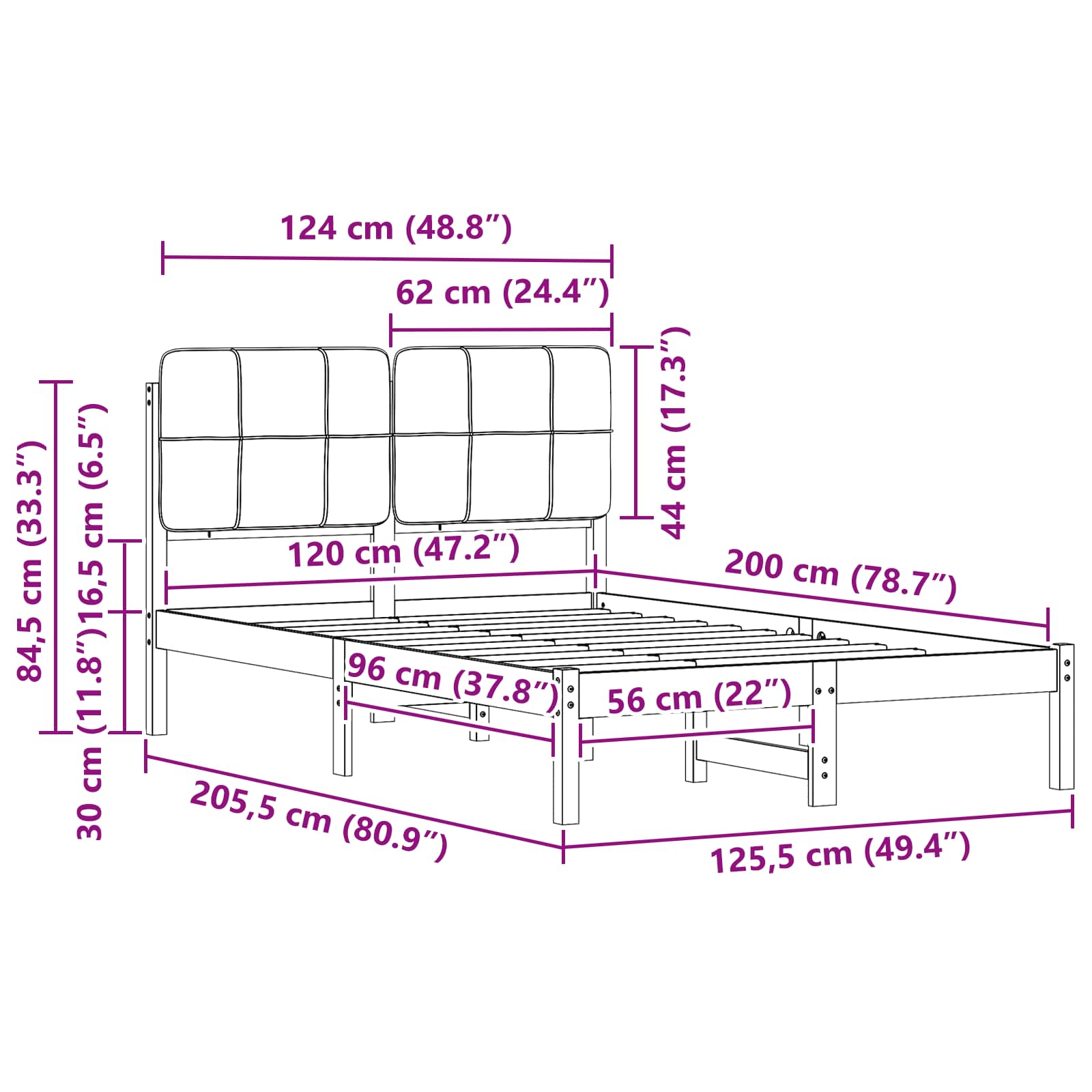 Sängram med Klädd Huvudgavel Mörkgrå 120 x 200 cm Massiv furu